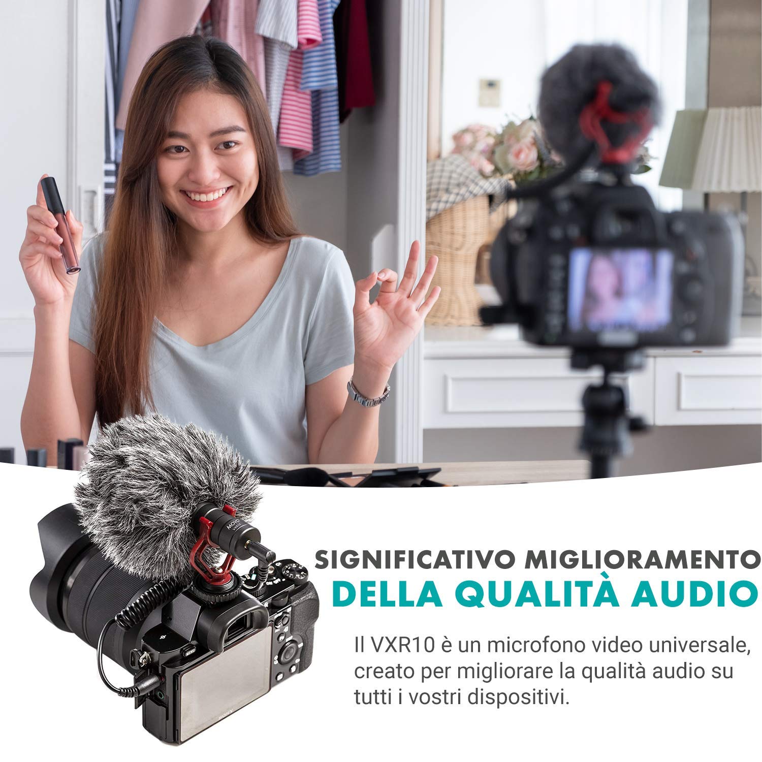 Movo VXR10 - Microfono universale a fucile per fotocamera, microfono per fotocamera DSLR, iPhone e smartphone Android, compatibile con fotocamere Canon EOS, Nikon e Sony, con supporto antiurto,