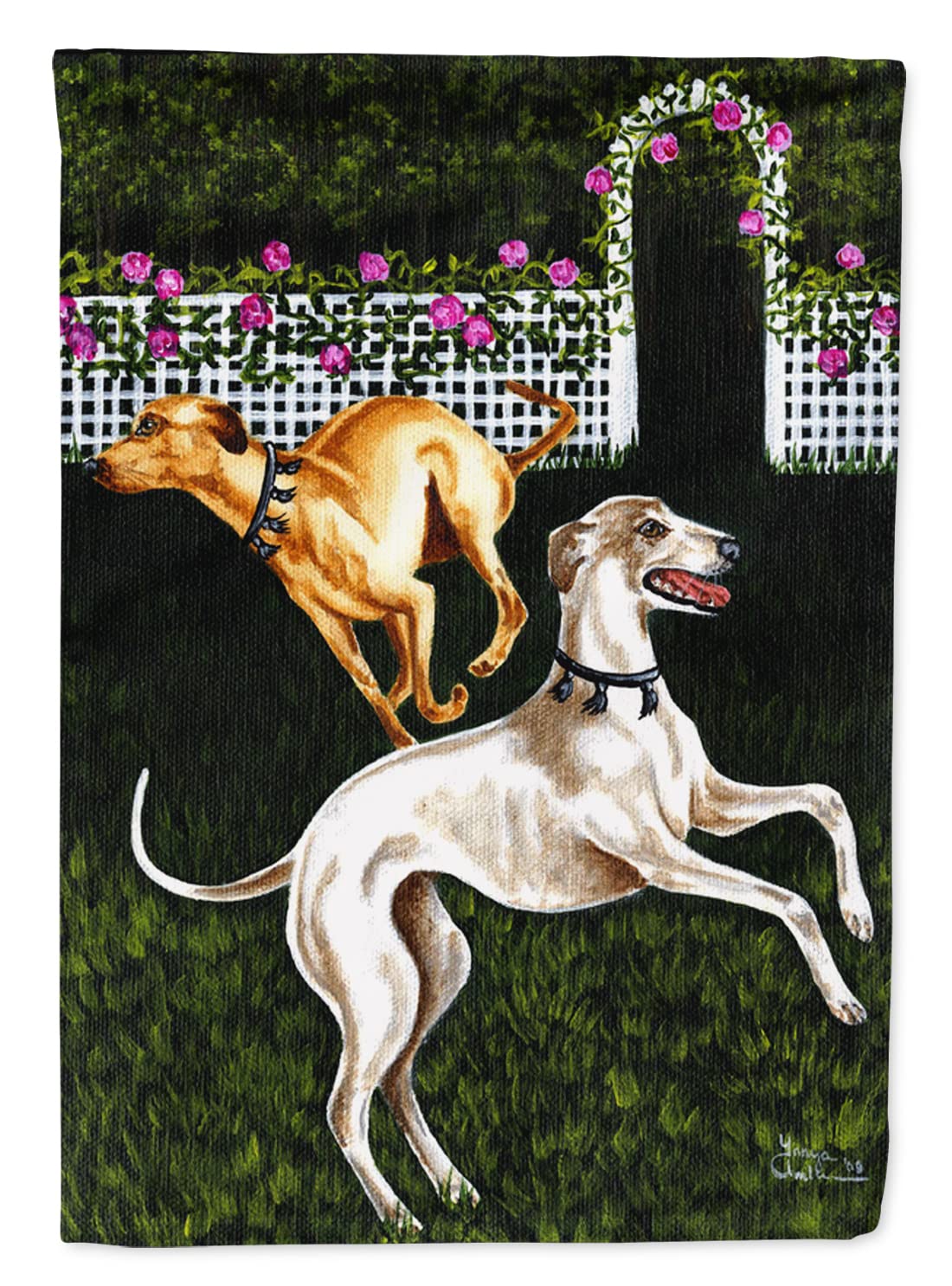 Drapeau de maison lévriers grand modèle en toile imprimée Rose Garden Frolick