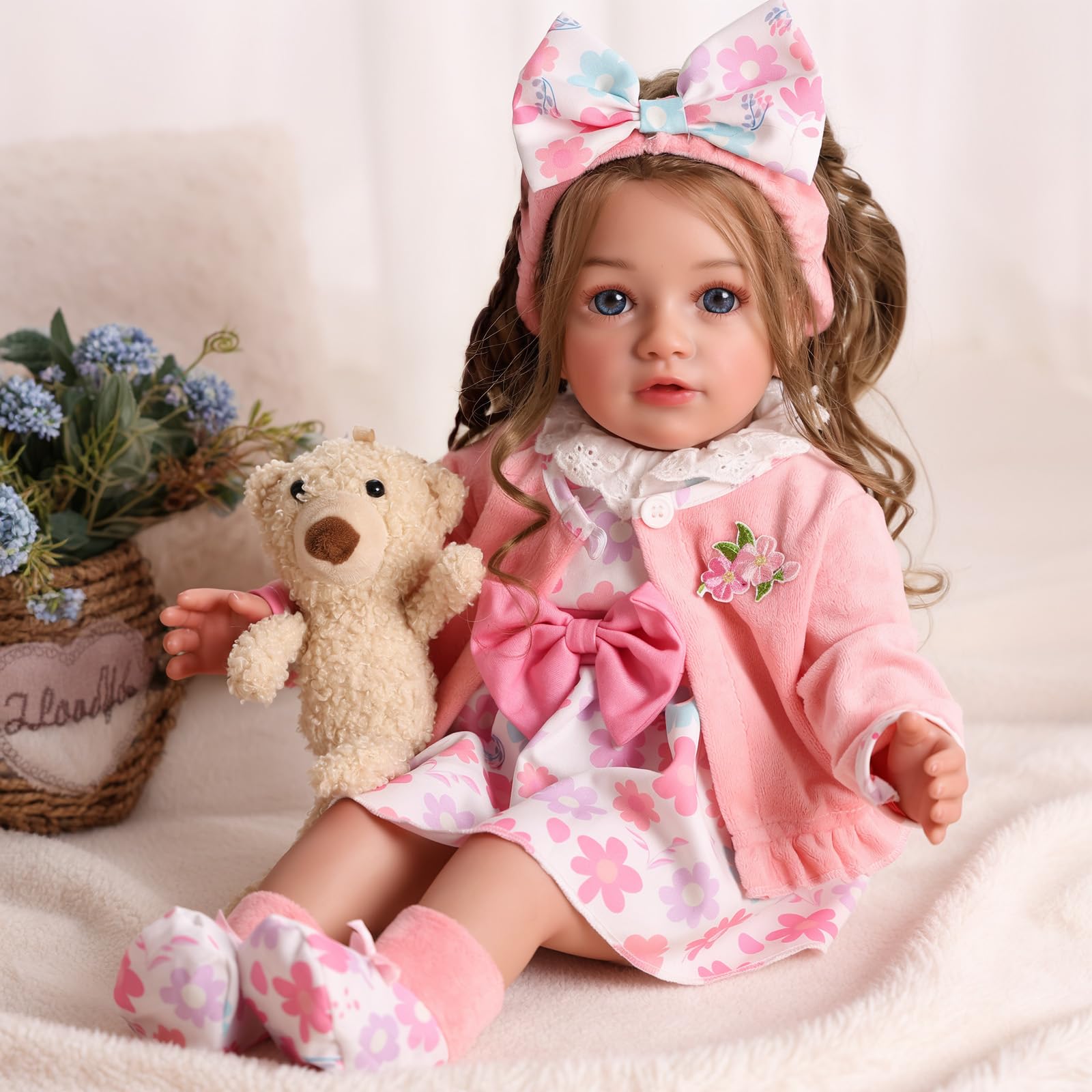 BABESIDE Bambole Reborn Bambina – 20 Pollici Reborn Femmina con Occhi Azzurri & Riccioli Castani, Corpo Morbido in Tessuto, Abito & Accessori per Bambini dai 3 Anni in su