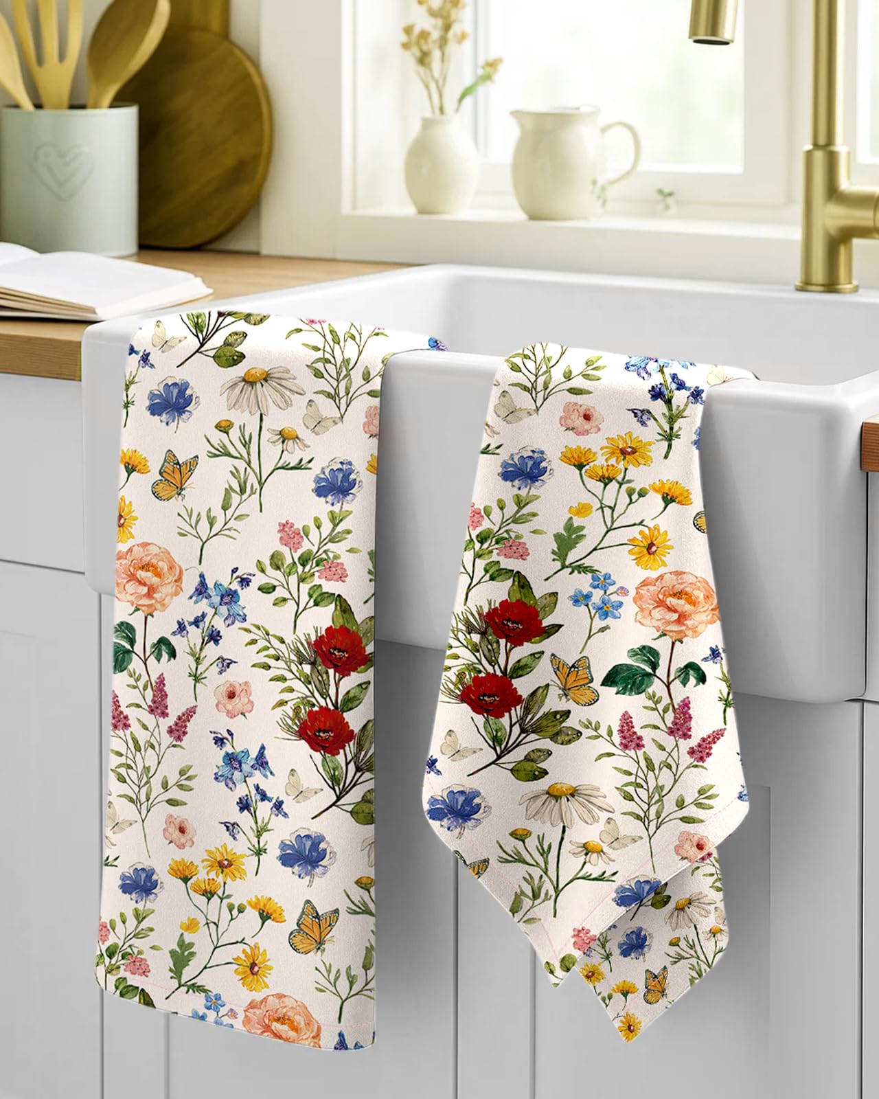 Miss Adola Flour Sack Kitchen Towels - Set of 2 Spring Dish Towels with Hanging Loop 18x26 Inch Absorbent Reusable Cotton Cloths for Cleaning Cute Design Home Decorative Housewarming, Vintage Flower