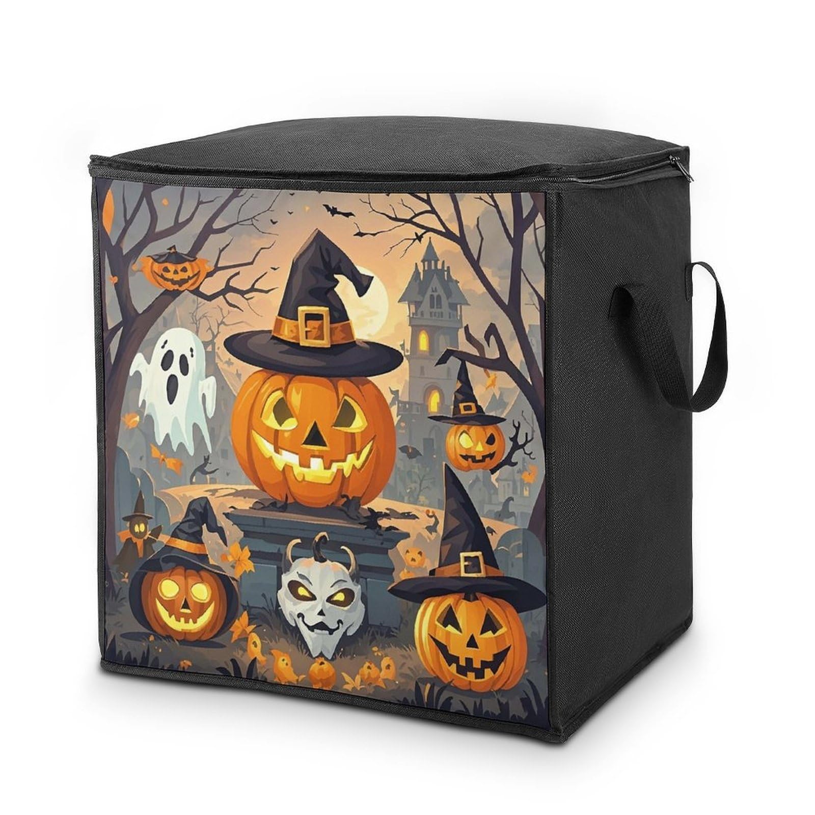 Halloween Pumpkins Storage Bag with Zippers And Handle Extra Large Bedding Comforter Storage Bag Foldable Blanket Storage Bags Fabric Moving Bags for Closet Organizer (70L)