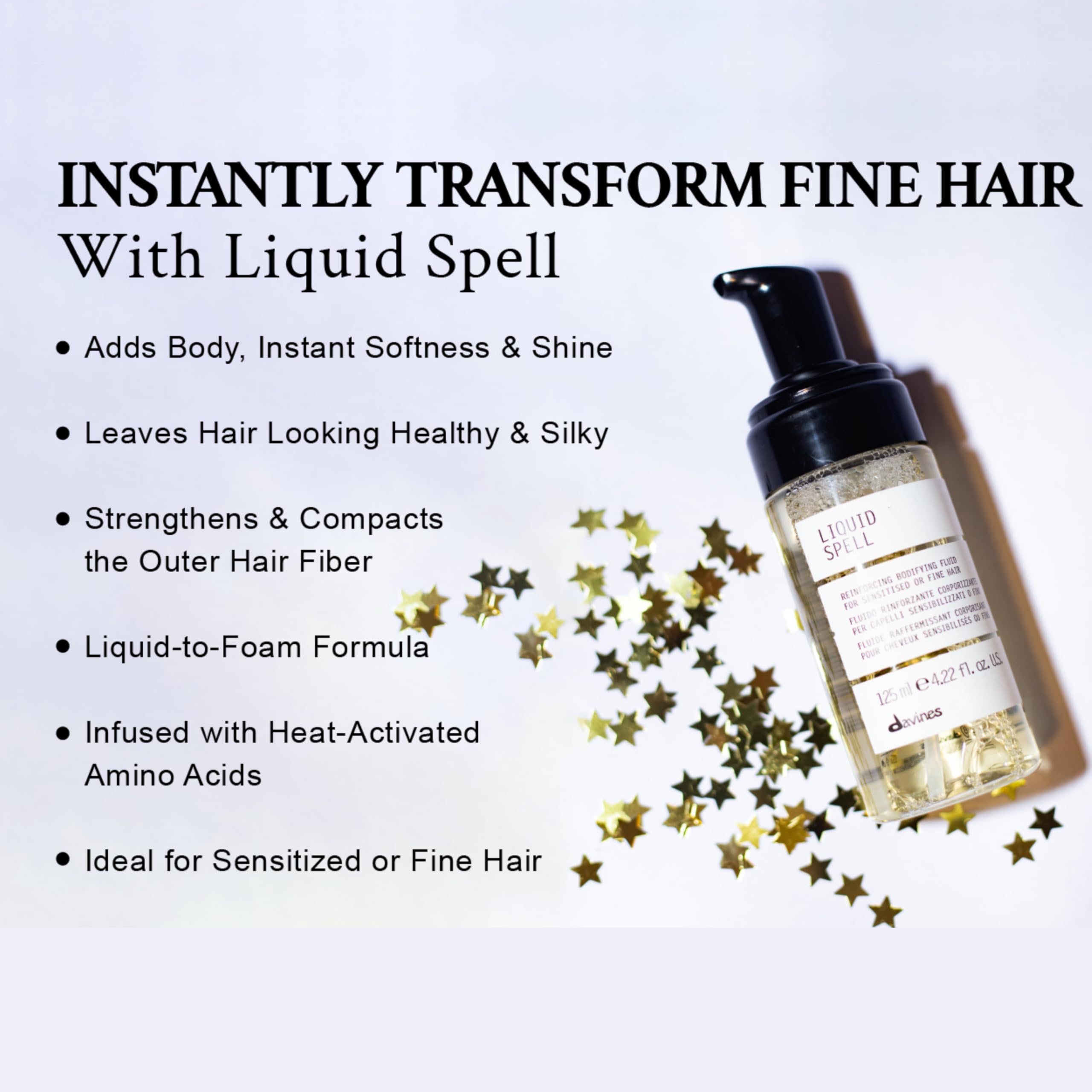 Davines Liquid Spell Reinforcing Bodifying Fluid, Liquid-to-Foam Volumizing Treatment for Fine or Sensitized Hair - Thickens & Strengthens Structure with Heat Protection - Weightless, 4.23 Fl Oz
