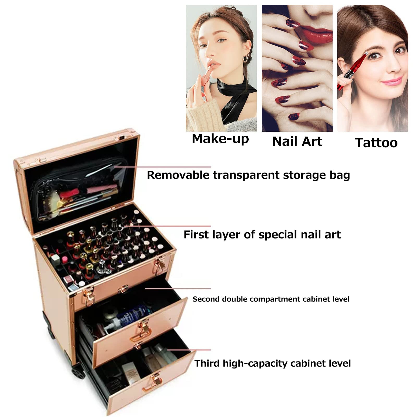 Aluminium-Make-up-Koffer, Beauty-Make-up-Zug-Koffer, Reise-Trolley, Kosmetiktasche, rollender Organizer, Kosmetikbox, rollender Make-up-Koffer, Reise-Zug-Koffer mit Rollen, Kosmetik-Trolley,