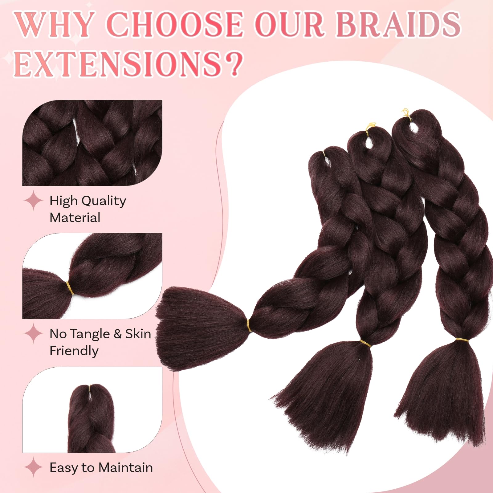 SEGO Pro Braiding Hair Extensions 24 Inch Yaki Synthetic Jumbo Box Braid Hair for Crochet Twist Braids for Women Pack of 3 (Dark Auburn) - Image 4