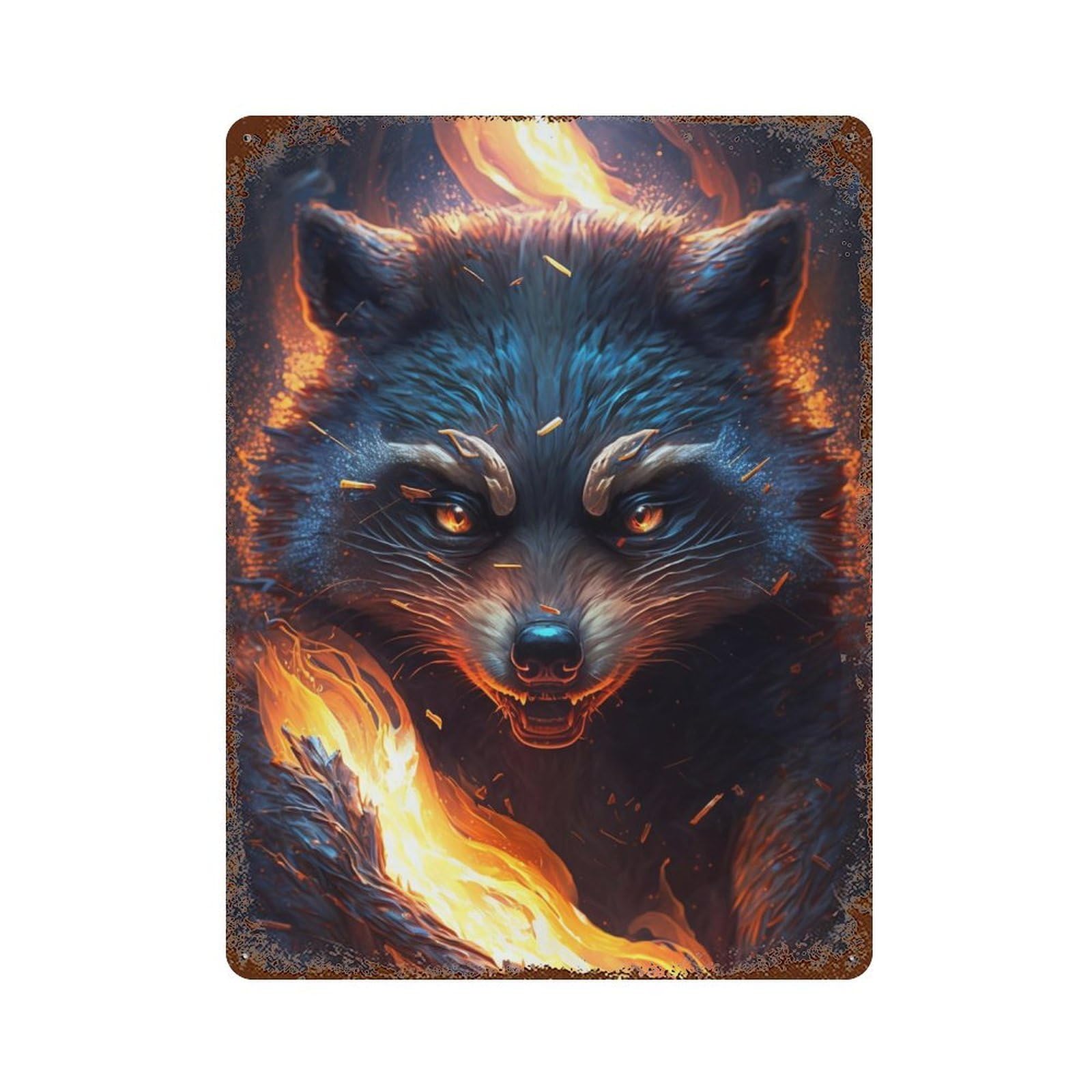 Flaming Wolf Art Print Rust Effect Tin Sign 15.7"x11.8", Vintage Wall Decor for Pub, Kitchen And Man Cave Decor