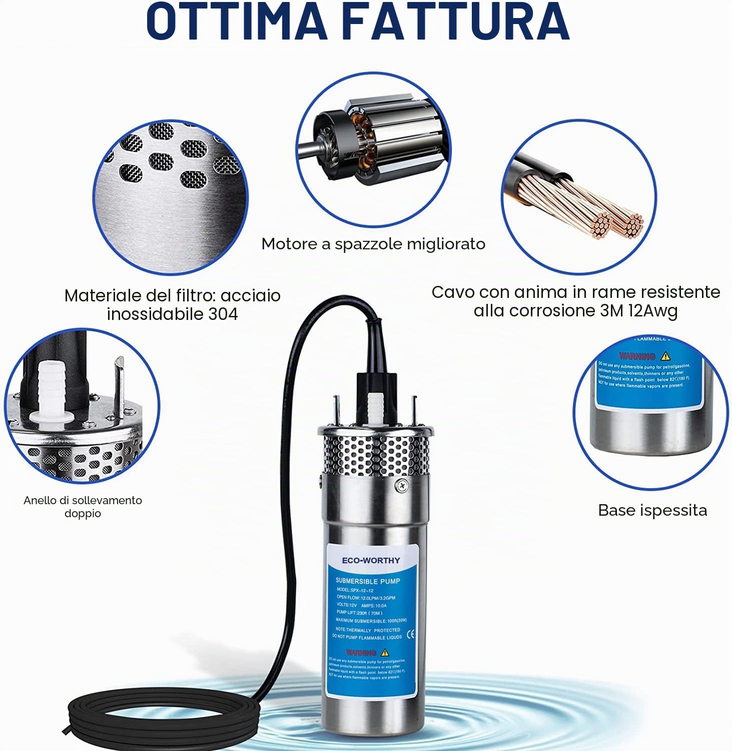 DCHOUSE Pompa Sommergibile per Pozzi 12V DC in Acciaio Inossidabile, Alimentata a Energia Solare, Altezza di Sollevamento 70 m, Profondità Massima di Immersione 30 m
