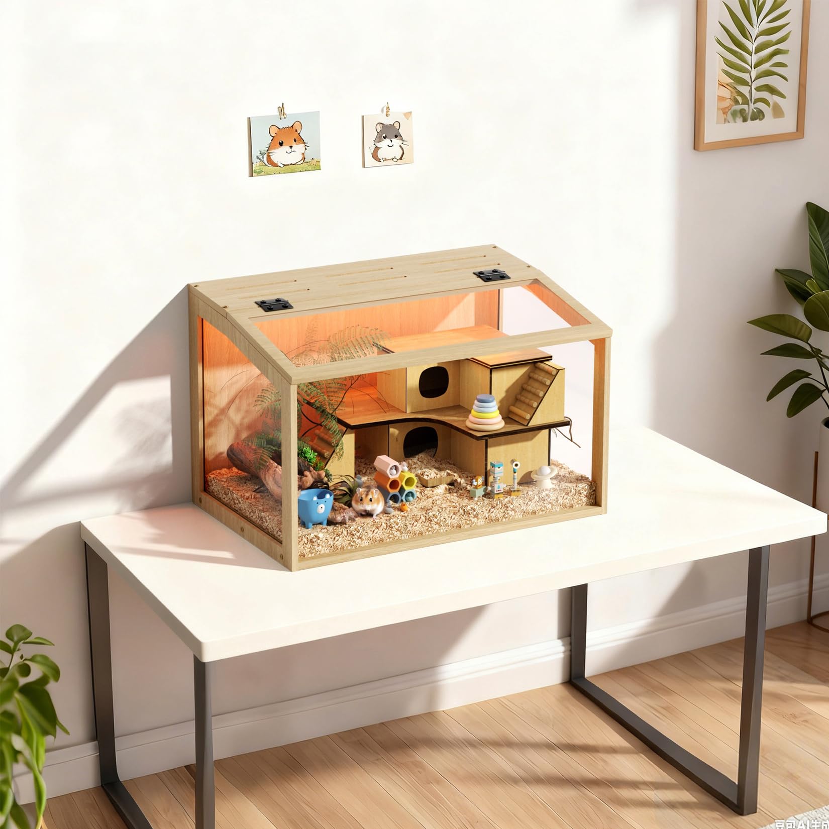 BingoPaw Cage Hamster en Bois, Habitats pour Rongeur Souris avec Fenêtre en Verre Trempé et Trous de Ventilation pour Gerbilles et Cochon d'Inde 60x40x40cm