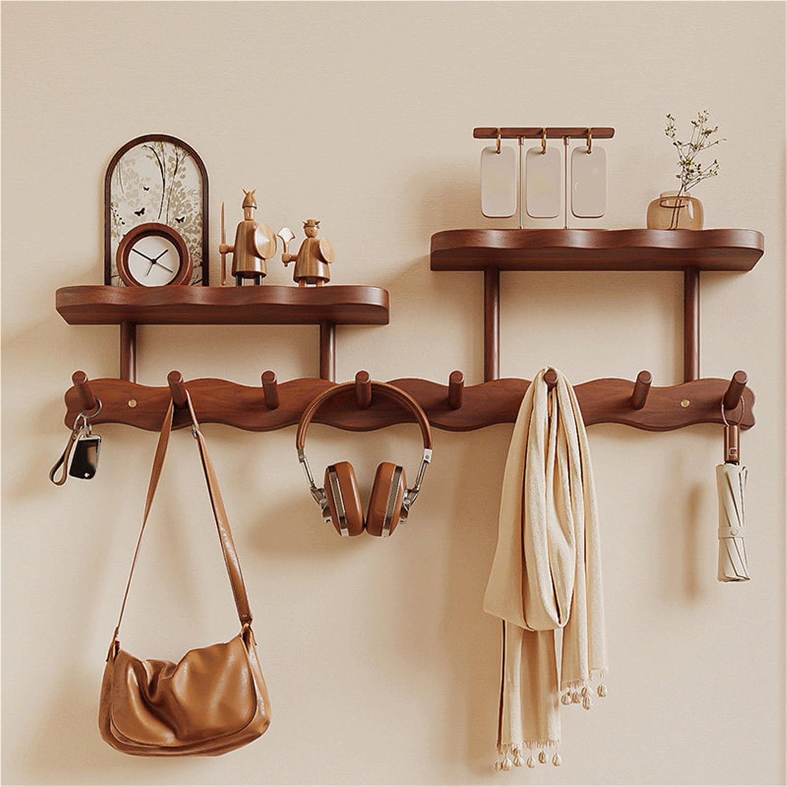 Gain de place Porte-manteau mural en bois massif : un porte-manteau polyvalent qui combine les fonctions de rangement et des vêtements(Bruin,Petit)