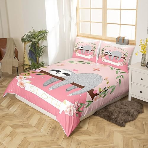 Miniatura 2 de Feelyou Juego de funda de edredón de perezoso de dibujos animados para niñas, diseño de perezoso floral, color rosa, para niños y niñas, funda de