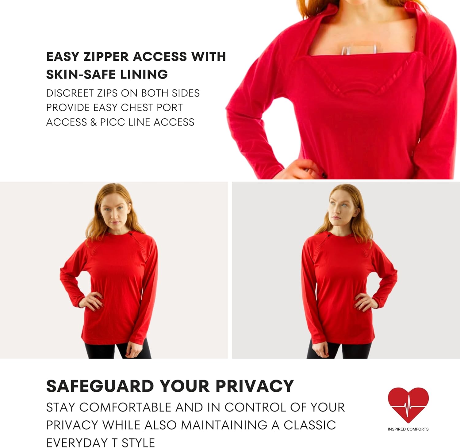 Inspired Comforts Women's Chemo Port Access Long Sleeve Shirt with Dual Zip Access - Image 2