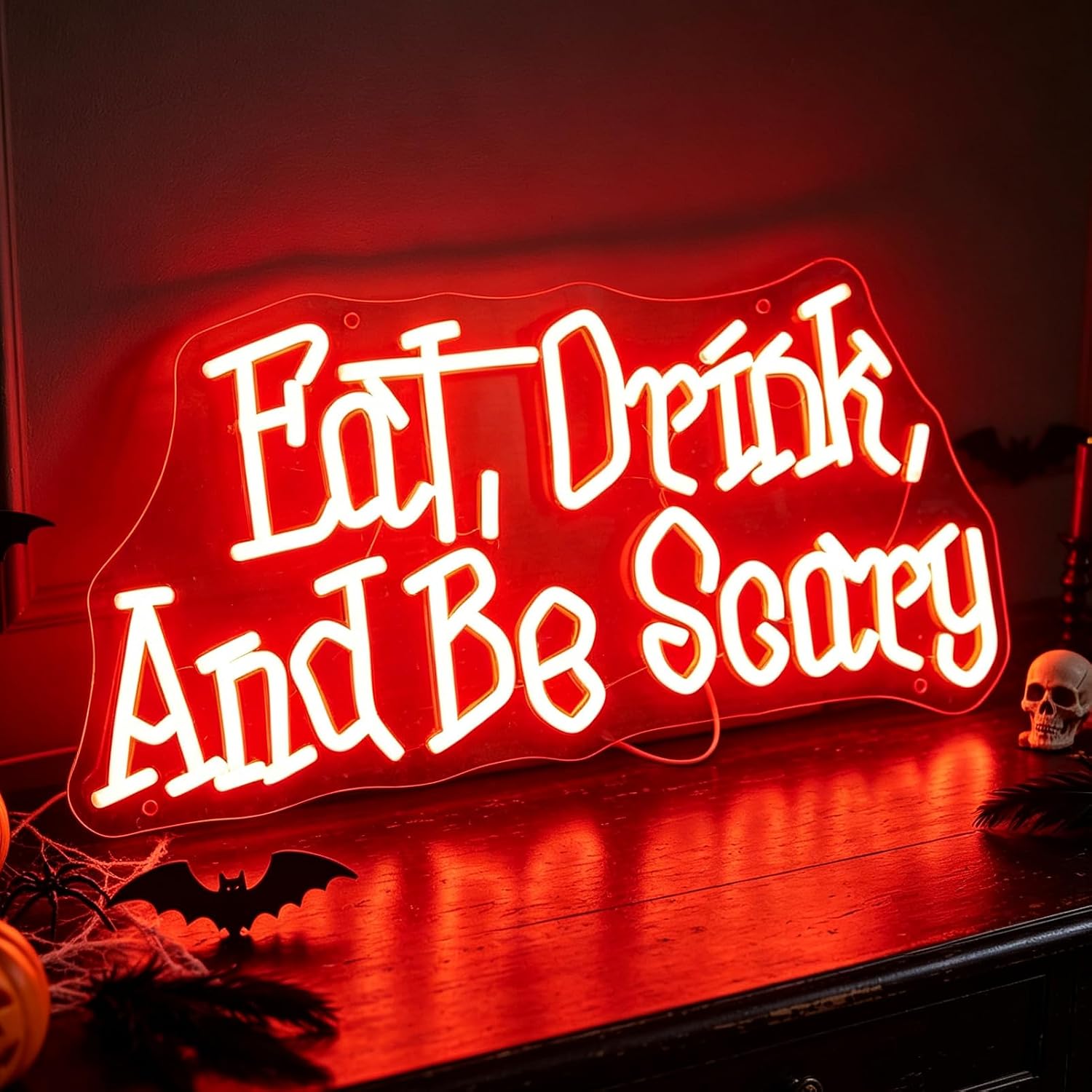 Eat Drink And Be Scary Neon Sign Halloween Neon Light for Wall Decor Dimmable Spooky Led Light Up Sign for Horror Room Window Home Bar Party Gothic Font Halloween Decoration
