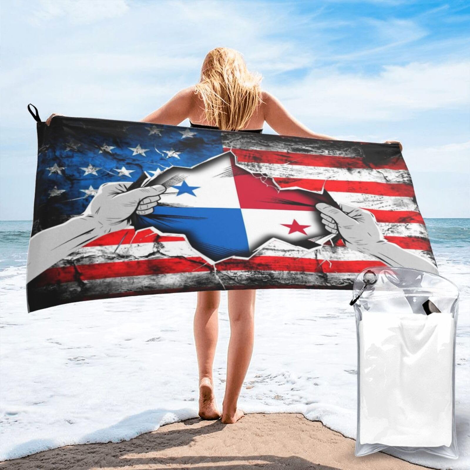 HACXZ American and Panama Flag Vintage Beach Towel Lightweight Absorbent Beach Towel Microfiber 31.5"X63"