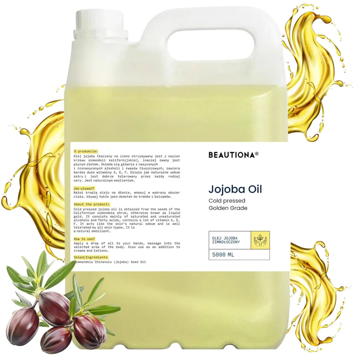 Naturalny olej tłoczony na zimno – wszechstronne zastosowanie – włosy, ciało, twarz, masaż (5 000 ml, olejek jojoba)