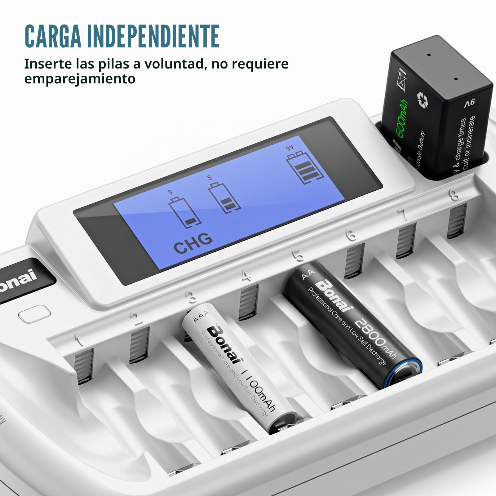 BONAI LCD Cargador de Pilas para AA AAA Ni-MH y 9V Pilas Recargables, 9 Slot Cargador de Pilas Inteligente Universal Función de Descarga con AC Adaptador