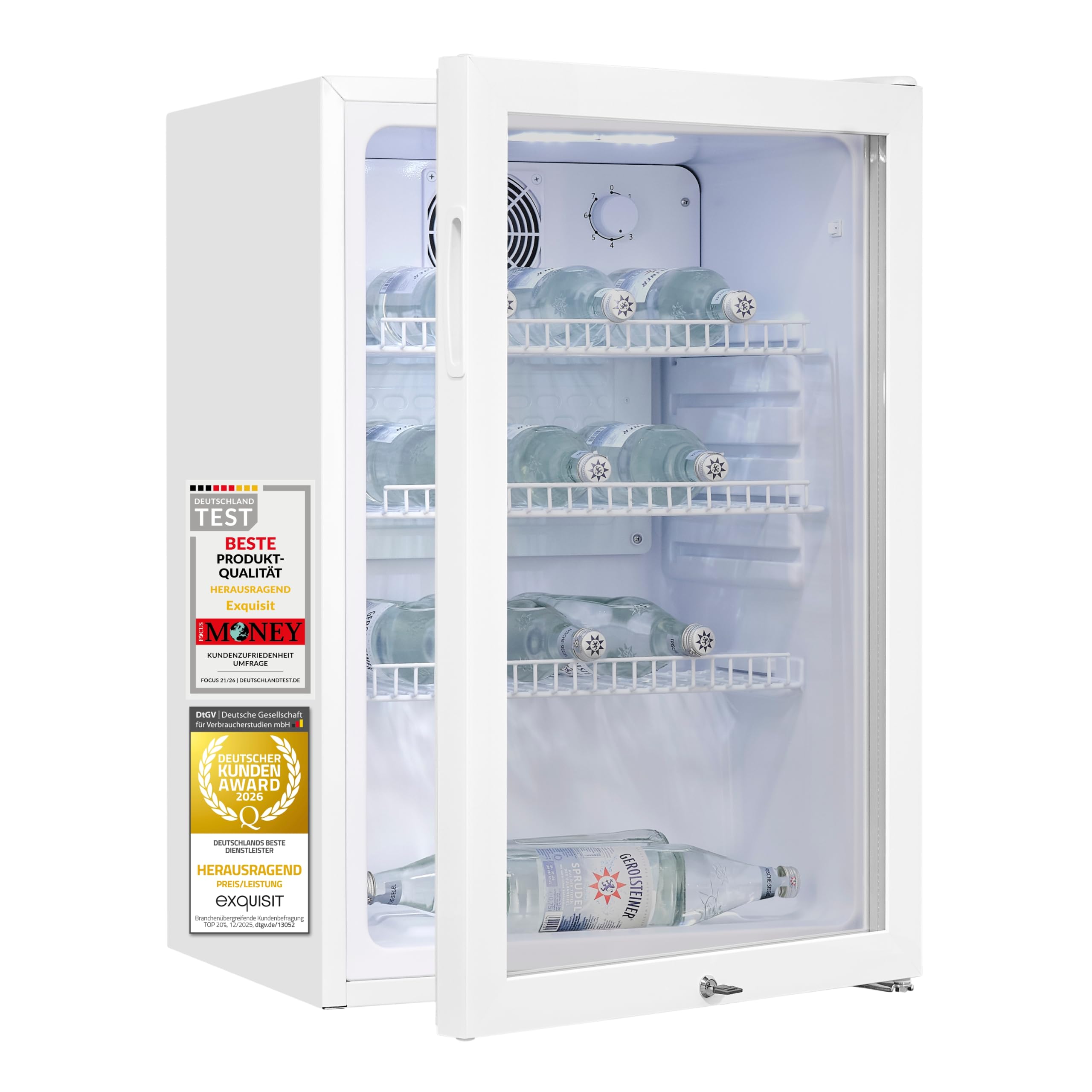 Exquisit GKS120-GT-160C - Frigorífico para bebidas (capacidad neta: 118 L, cierre de puerta, 3 estantes, ventilador de circulación, dispositivo de soporte), color blanco