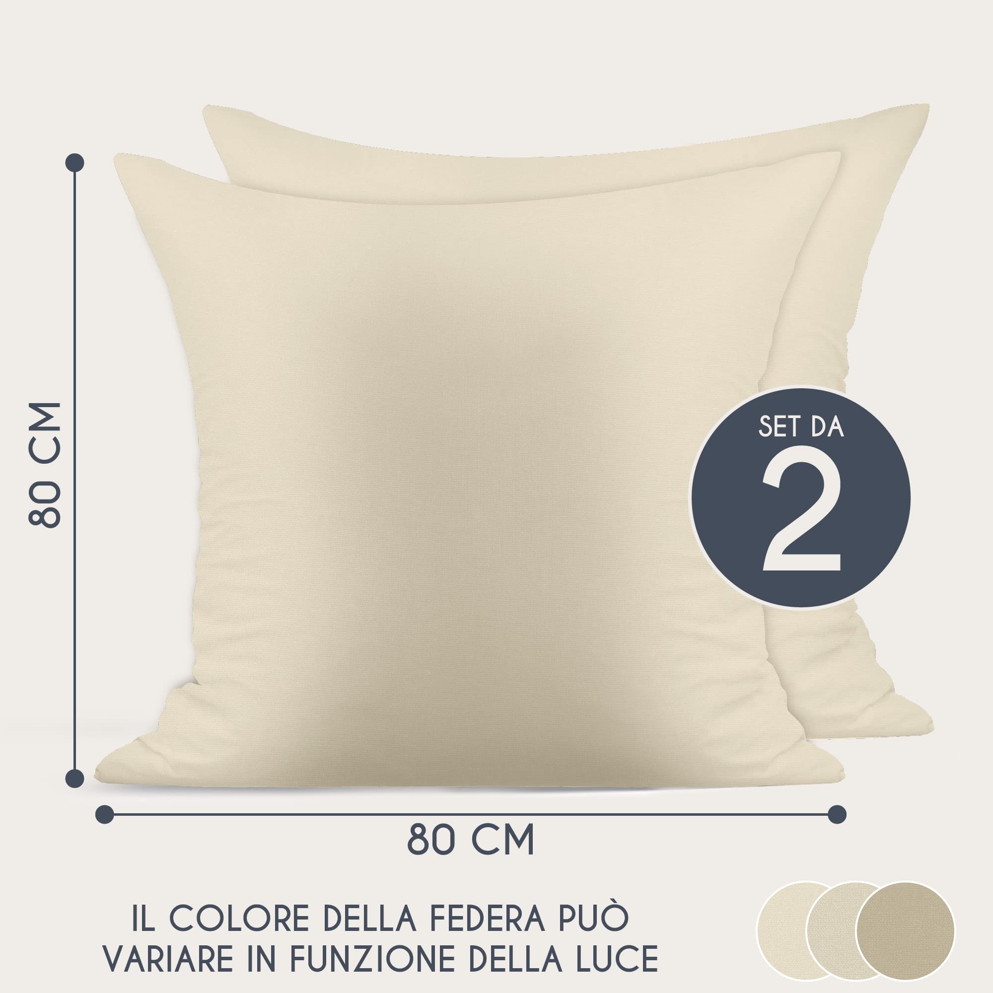 Dreamzie Federe 80x80 Cotone Rinforzato (Set da 2) - Beige - Trama Fitta a 57 Fili/cm² - Federe Cuscini 80x80 cm - Federe Cuscino 80x80 Certificate Oeko Tex