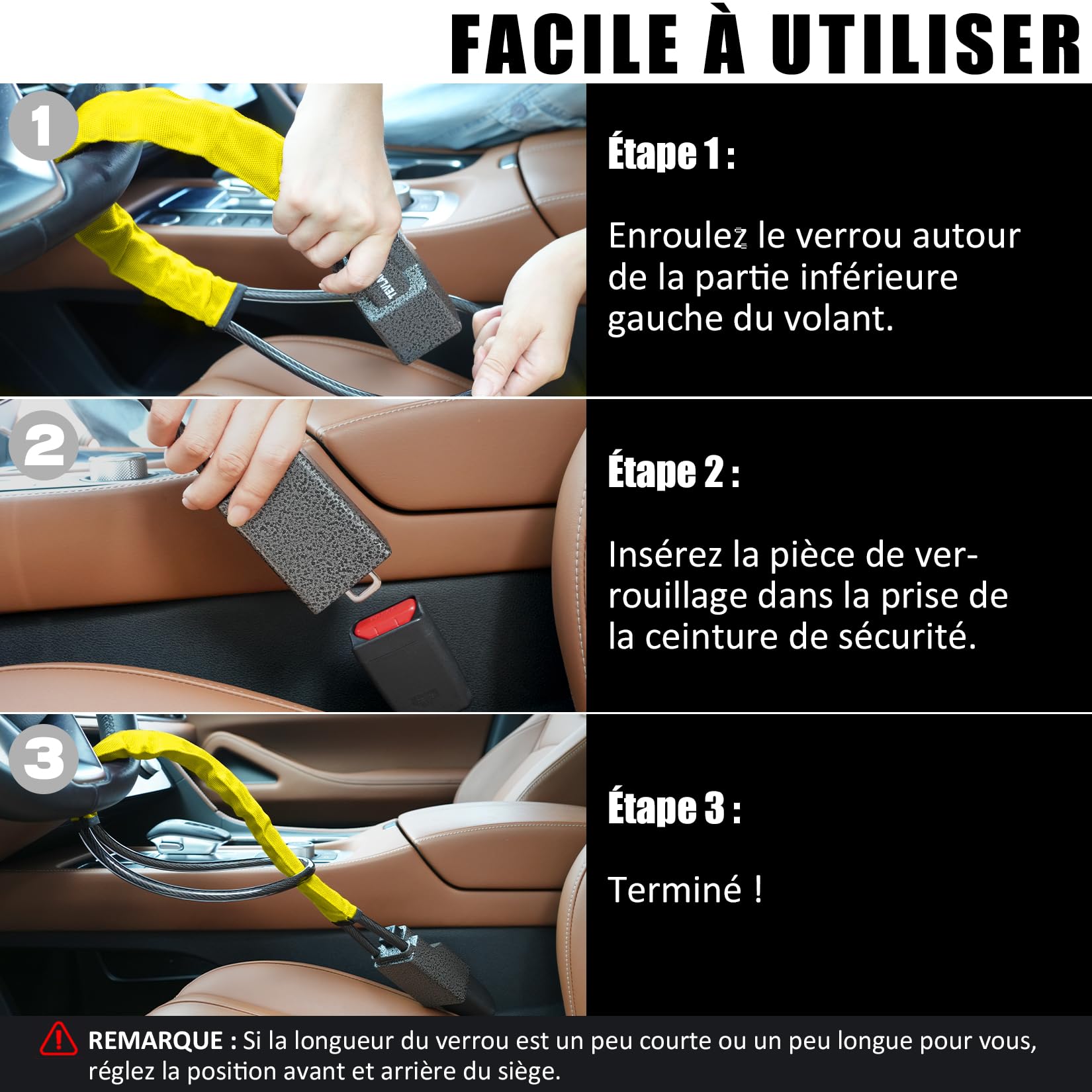 Tevlaphee Antivol Volant Amélioré, Bloque Ceinture, Tête Métal, Dispositif Antivol Auto Haute Visibilité, Robuste, Universel pour Voiture, SUV, Pickup, Jeep, Van, 3 Clés(Jaune)