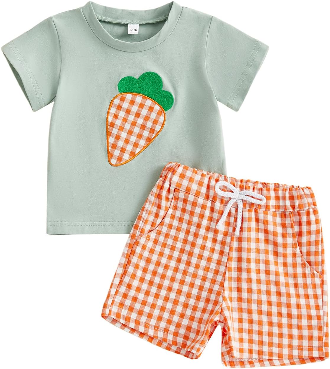 Toddler Baby Boy Easter Outfit Bunny Carrot Embroidery Short Sleeve T Shirt Tops Plaid/Striped Shorts Set