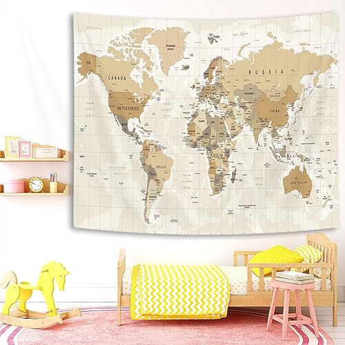 Miniatura 5 de Tapiz de mapa del mundo antiguo, tapiz para colgar en la pared para niños y estudiantes, vintage Asia Europa América, África, Japón, beige, póster