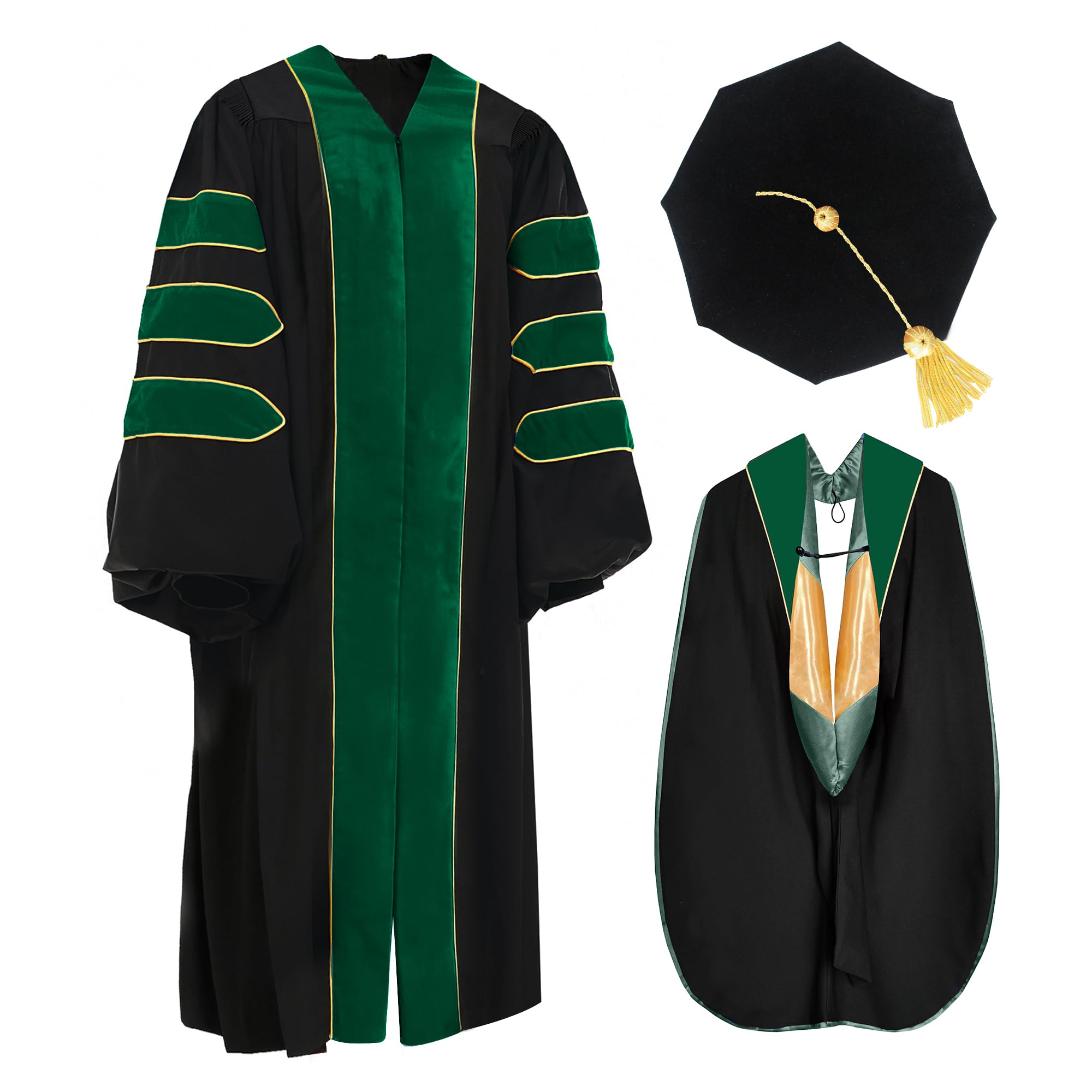 Photo 1 of SIZE 54 Unisex Deluxe Doctoral Graduation Gown Tam Hood with Gold Piping Doctoral Regalia Size 54 Emerald Green