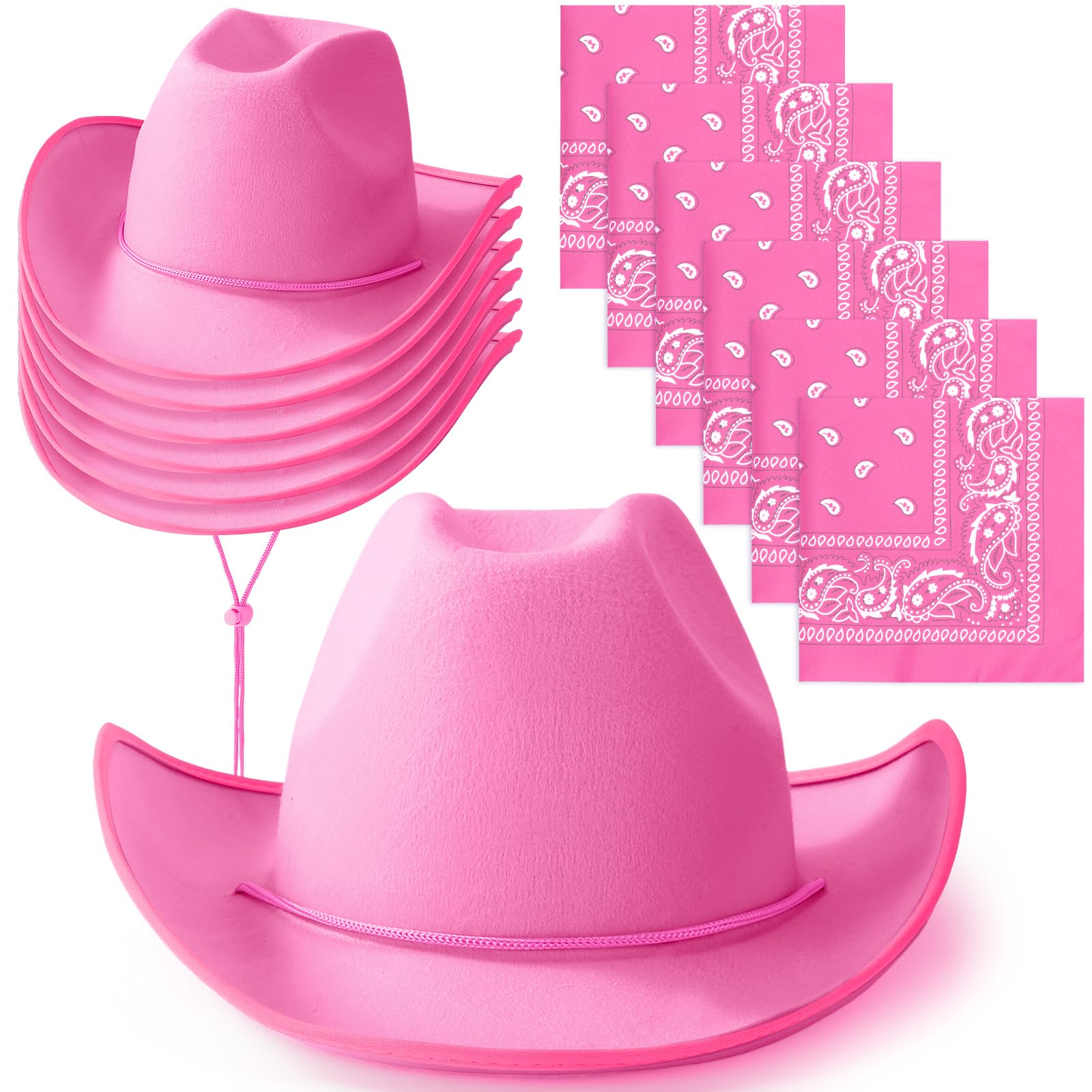 Coume 6 Sets Western Cowboy Hats with Bandanas for Women Men Bulk Adjustable Felt Cowgirl Hats for Adults Costume Party, Bright Rose Pink