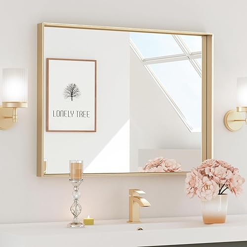 TETOTE Espejo de baño dorado cepillado de 40 x 30 pulgadas, espejo rectangular con marco dorado para tocador de baño, espejo de pared grande y