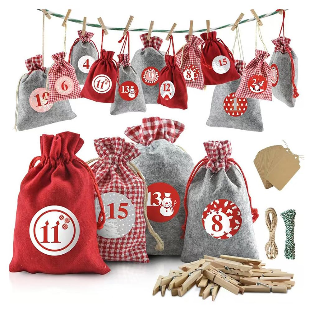 Sachets de calendrier de l'Avent en tissu pour suspendre vos petits cadeaux de Noël DIY
