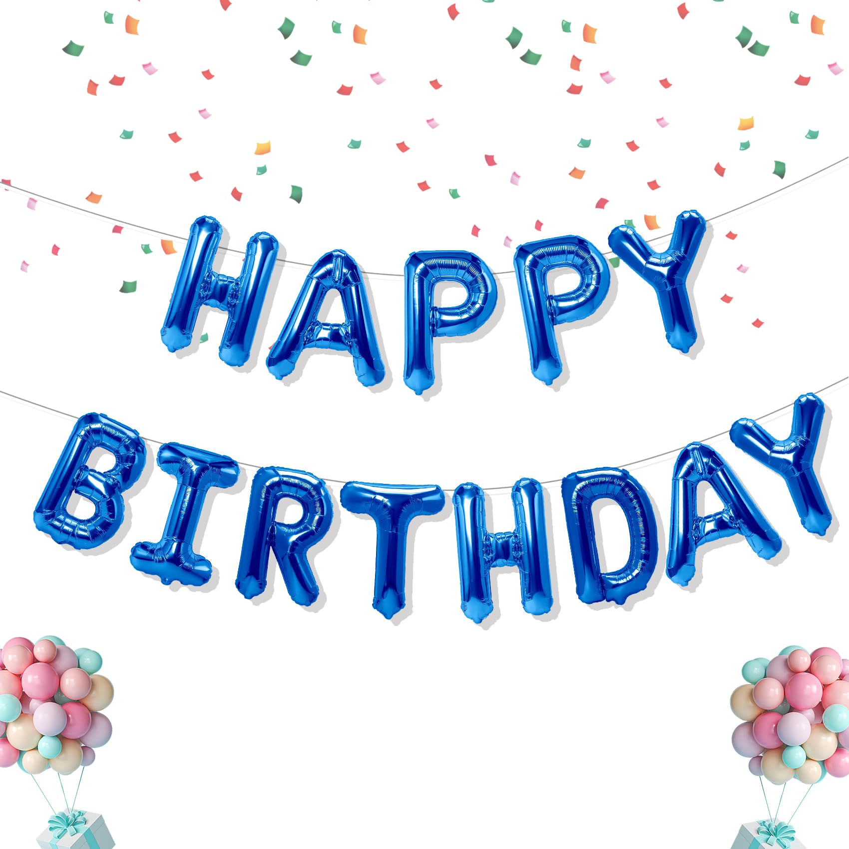 Blue Happy Birthday Balloon, 16 Inch Aluminum Foil Letter Balloons Banner, Reusable Birthday Decorations for Kids & Adults