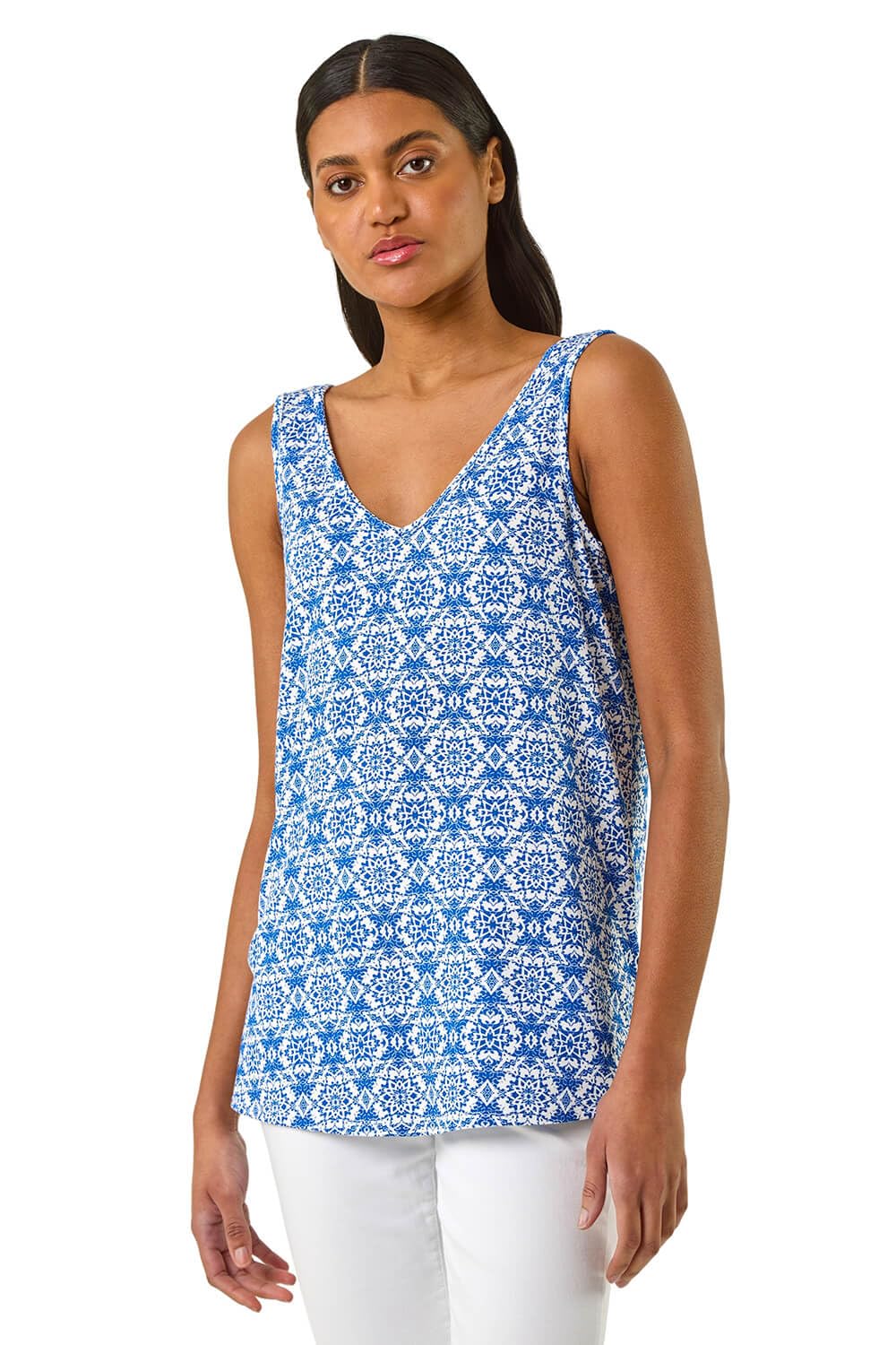 Roman Originals Women's Sky Blue Abstract Print Stretch Jersey Cami Top For Uk - Everyday Holiday Spring Summer V Neckline Comfy Soft Evening Vacation Work Party - Size 20