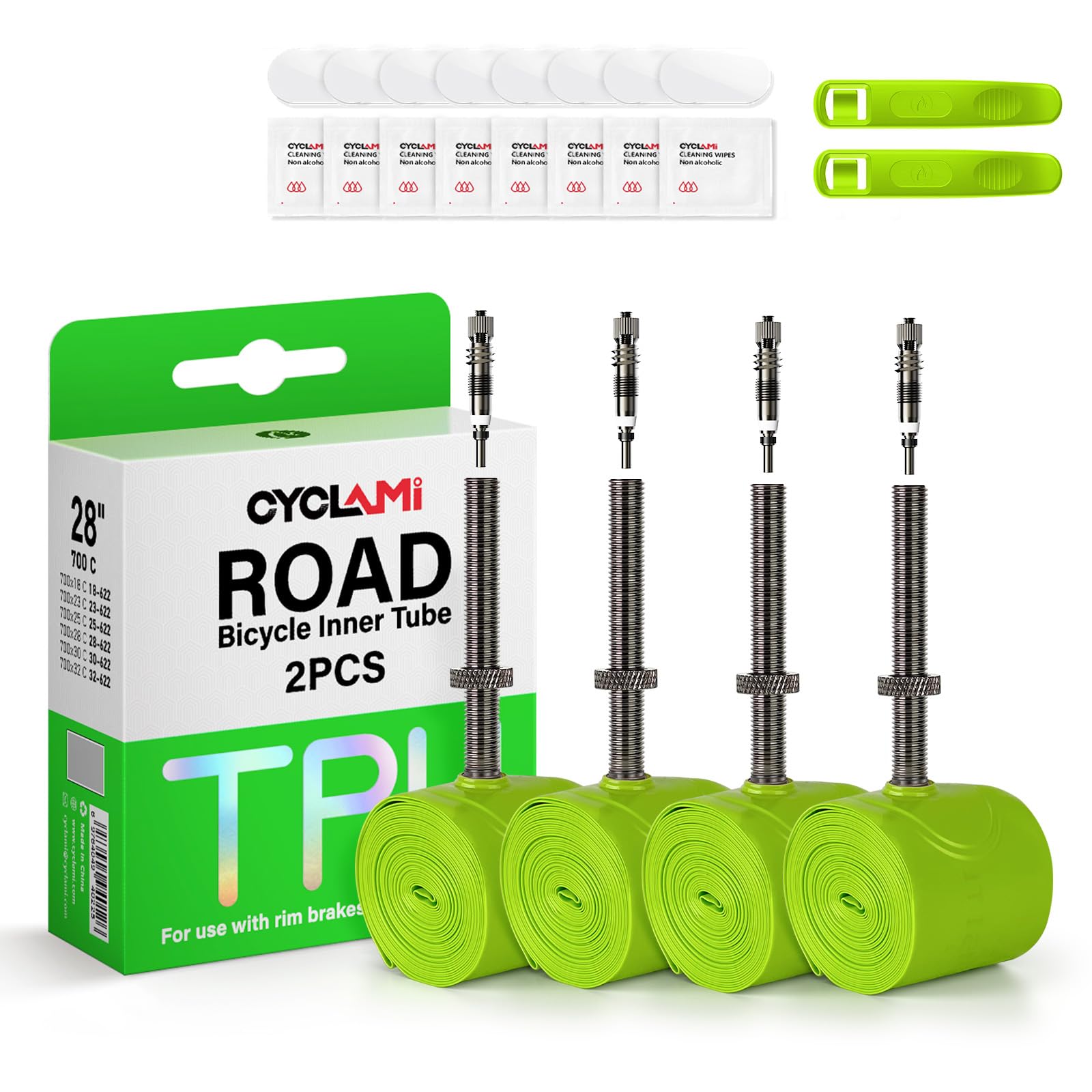 CYCLAMI 1/2/4 pieces TPU Inner Tube for Road Bikes with Removable Valve Core, 38g bicycle inner tube for 700C x 18/23/25/28/30/32C, Presta valve:45/60/80mm (4 inner tubes-FV:80MM)