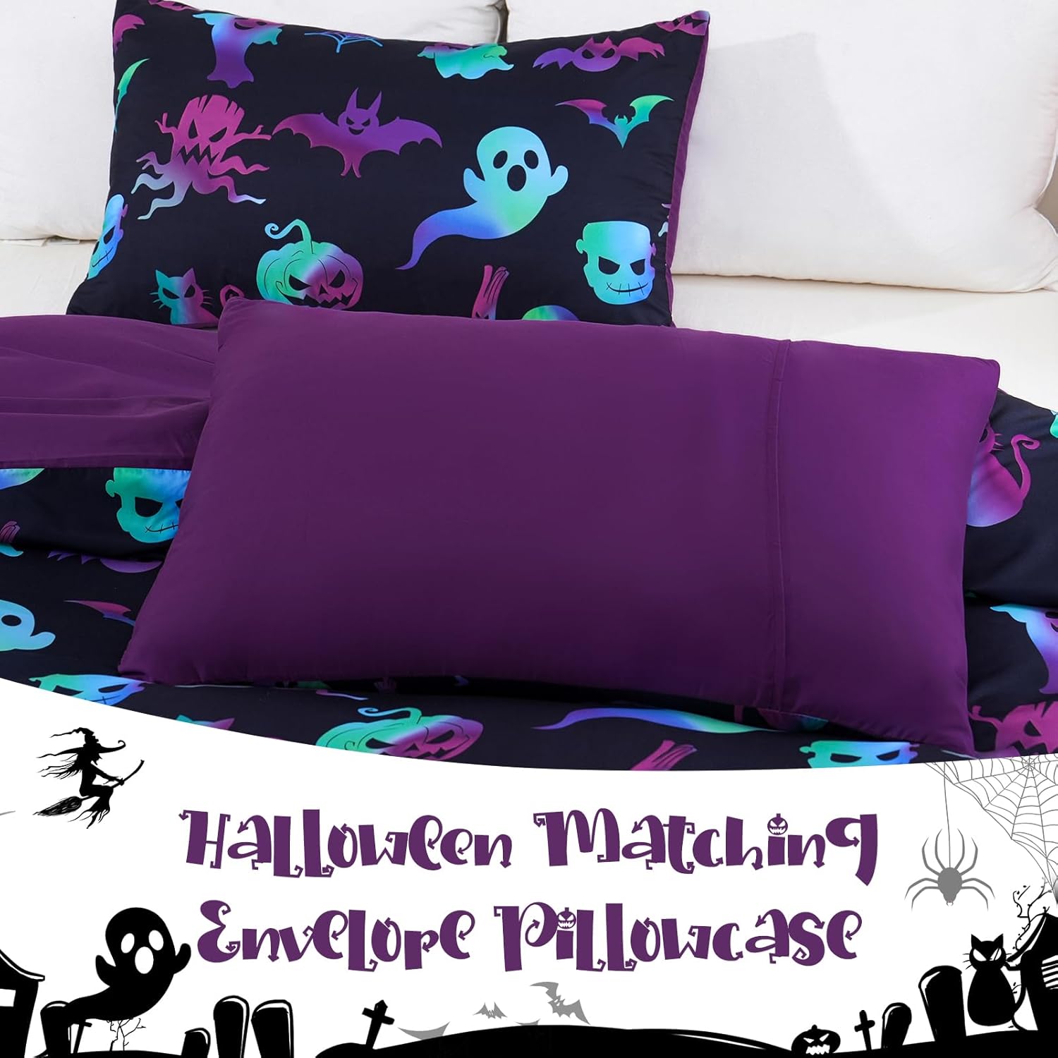 Menghomeus Halloween Bedding Set Twin Black Duvet Cover Set 3D Cartoon Pumpkin Ghost Pattern Festival Themed Comforter Cover Set for Boys Girls, 1 Pieces 1 Duvet Cover 1 Pillowcase
