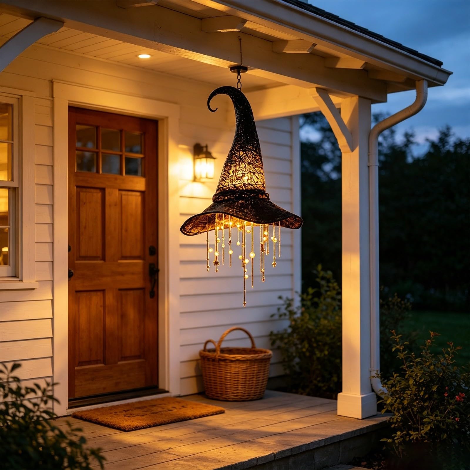 Halloween Decorations Outdoor Lighted Witches Hat Hanging Chime Lighted Witch Hat Lamp With Cascading Stars Halloween Light Decor Wind Chimes Hanging Ornament Versatile Indoor & Outdoor