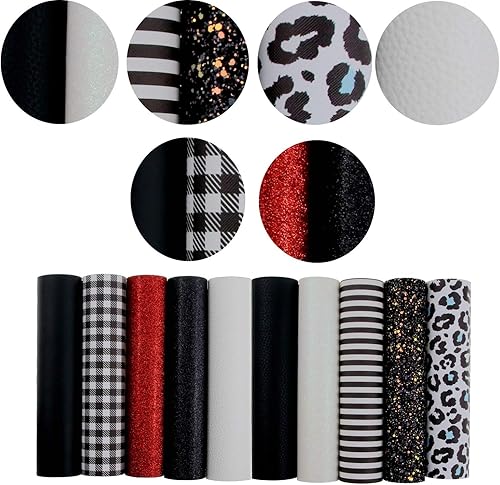 Miniatura 2 de 10 hojas de piel sintética de 8 x 12 pulgadas, color negro, blanco, rojo, incluye purpurina fina, purpurina gruesa, litchi, hojas impresas para