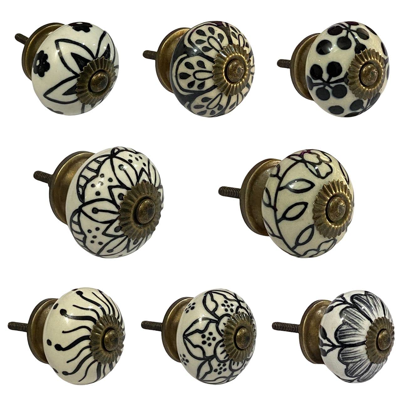 Maison BelleHandmade Artistic Mix Assorted Decorative Ceramic Dresser Drawer Knobs Cabinet Door Pulls for Furniture Wardrobe and Kitchen New Designs - Antique Finish ( Size 1.75 INCH , Pack of 8 )