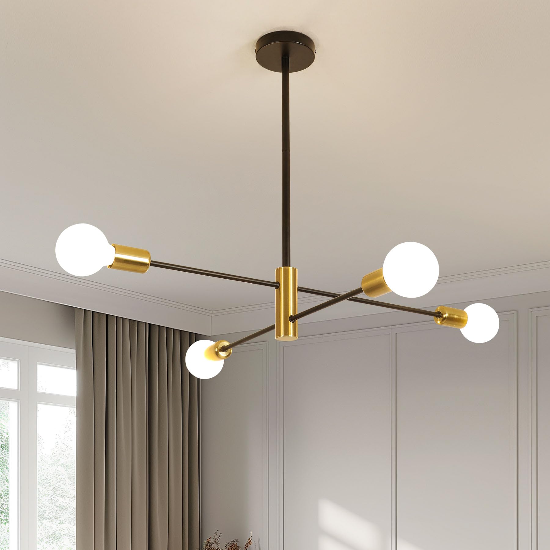 Modern Sputnik Chandelier 4 Light Black and Gold Sputnik Lighting Fixture Semi Flush Mount Ceiling Light for Bedroom