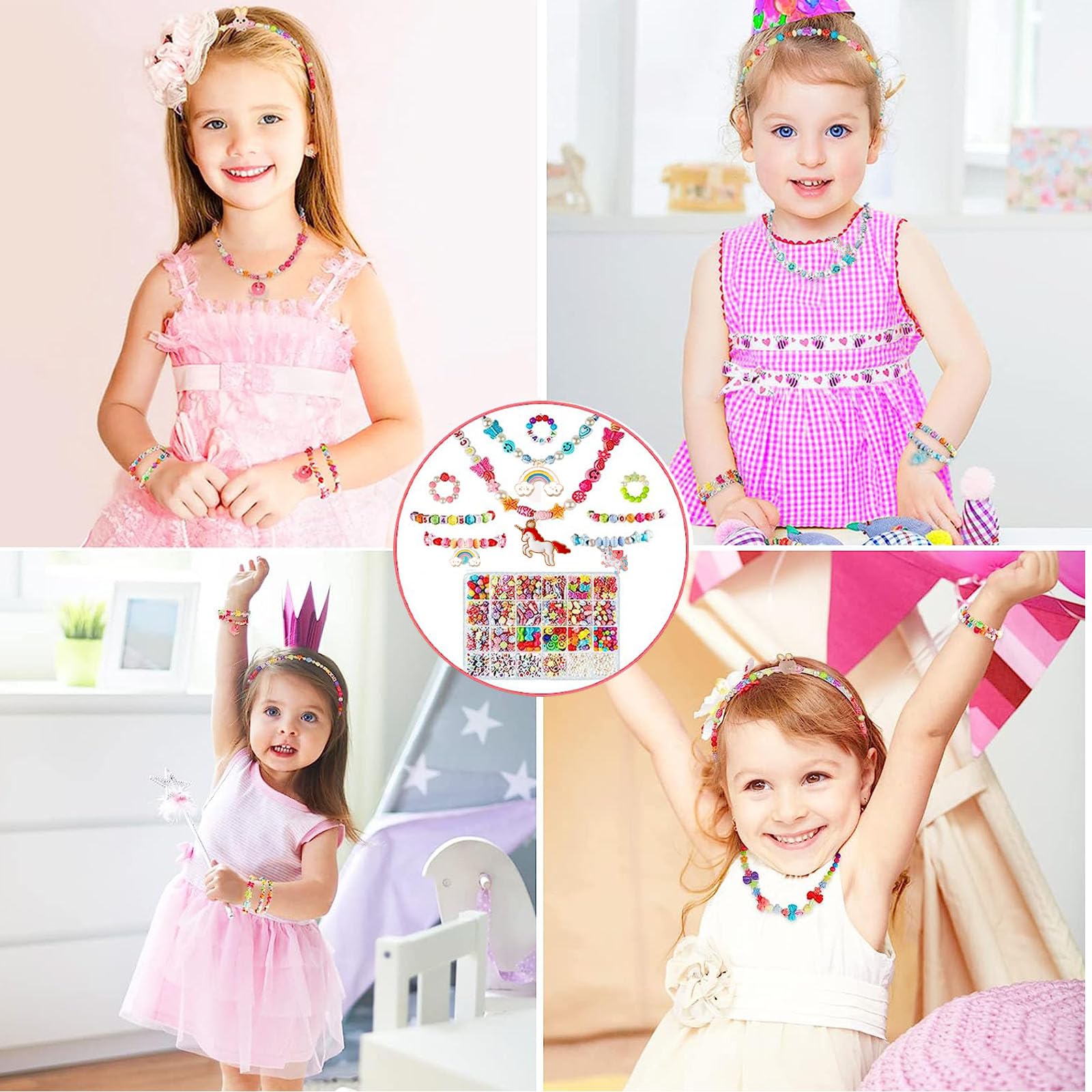 Bambini Perline, Set di Perline Fai Da Te per Bambini, Braccialetti Fai Da Te, Collane,per Bracciale, Kit per la Creazione di Gioielli Colorati