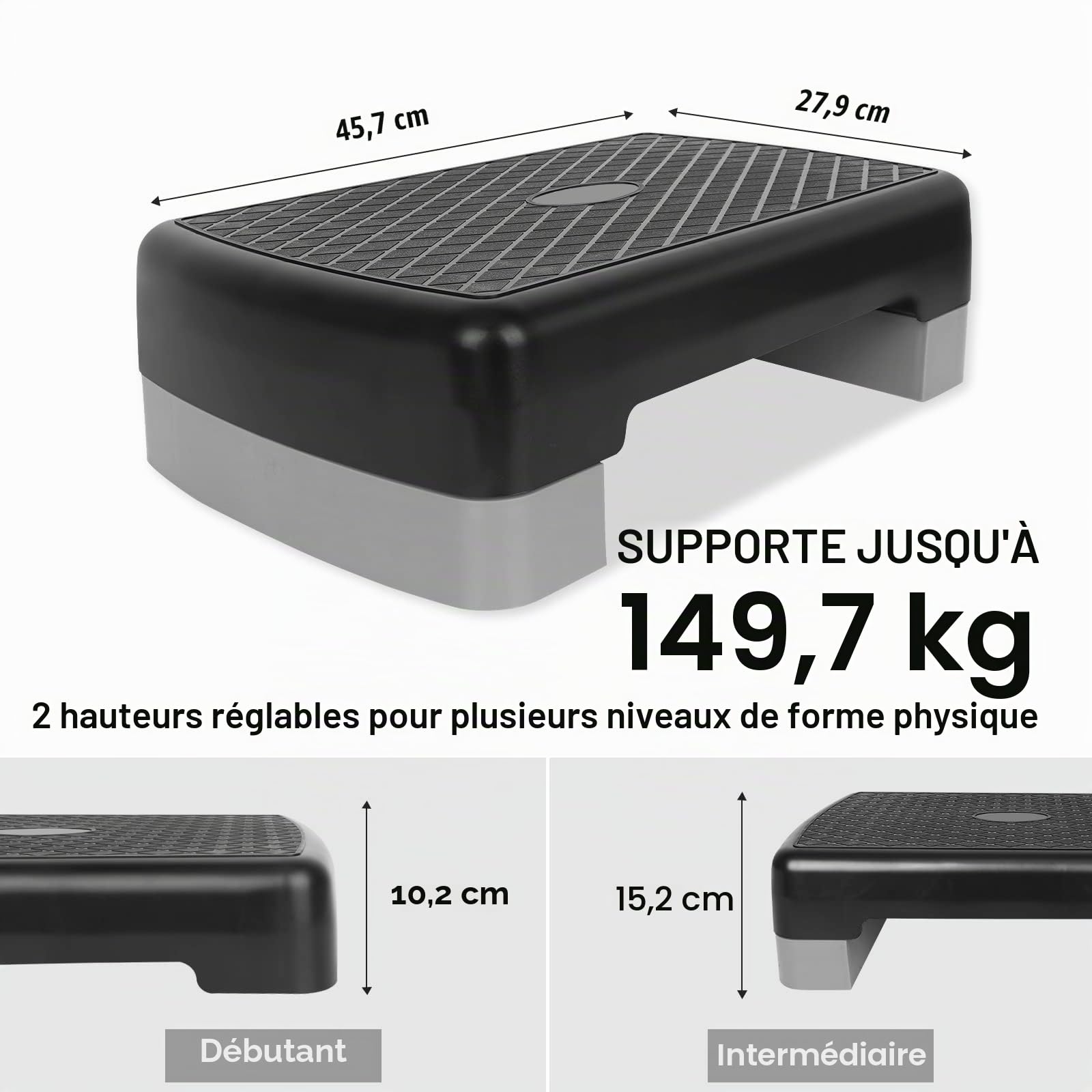 Stepper à 2 niveaux réglables en hauteur pour entraînement aérobic et fitness avec 2 rehausseurs réglables de 10 cm à 15 cm