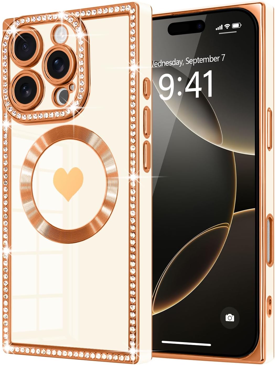 for iPhone 16 Pro Case Glitter for Women Girls Sparkle Diamond Rhinestones Compatible with MagSafe Rectangle Love Heart Gold Plating Full Camera Protection Shockproof Phone Case Cover, White