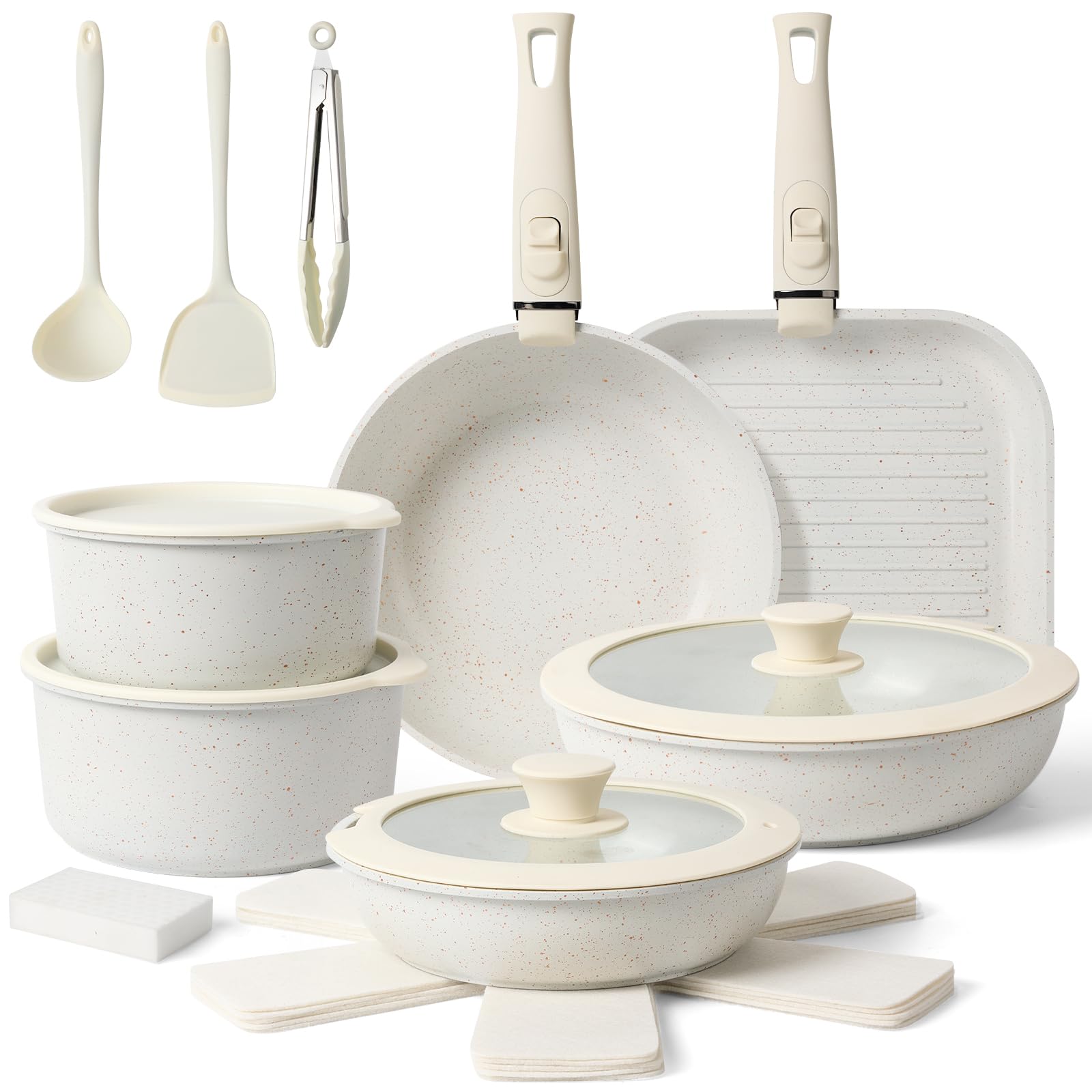 20-Piece Ceramic Nonstick Cookware Set – Induction Compatible, Non-Toxic Pots &amp; Pans with Removable Handles, Dishwasher &amp; Oven Safe Stackable RV/Camping Cookware Cream White