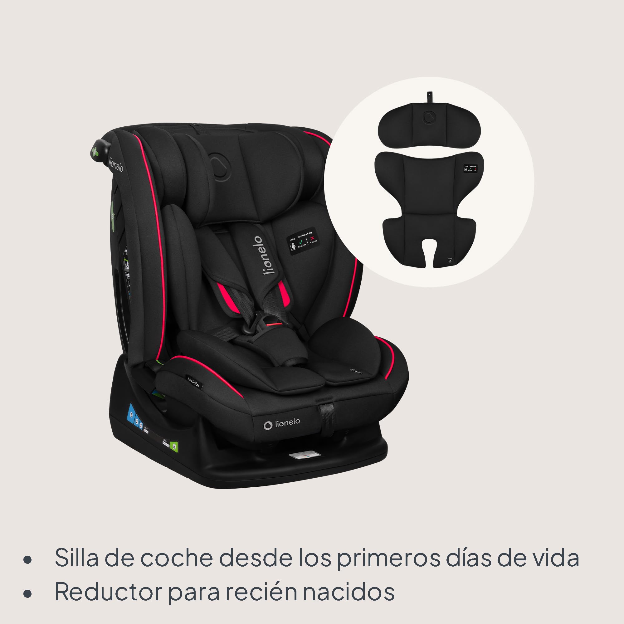 LIONELO AART I-SIZE Silla Coche Bebé 40-150 cm, Montaje con Cinturones de Seguridad, Reposacabezas e Inclinación Ajustables, Almohadilla lumbar y Reductor, Norma R129 i-Size