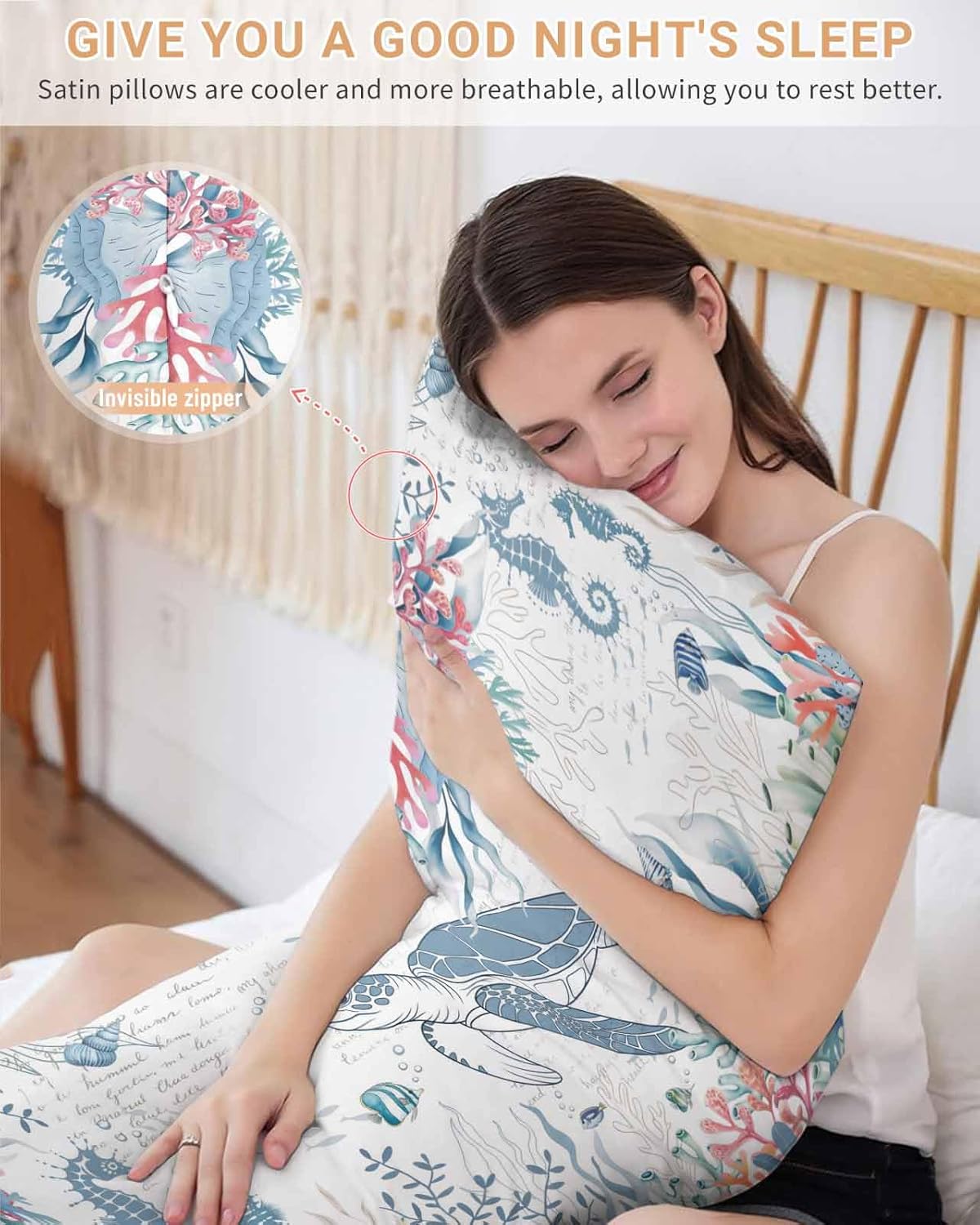Coastal Turtle Pillow Cases Cal King Size, Summer Beach Nautical Smooth Satin Pillowcase for Hair and Skin, Ocean Coral Seahorse Decorative Cooling Bed Pillow Covers, 20x40 Inches