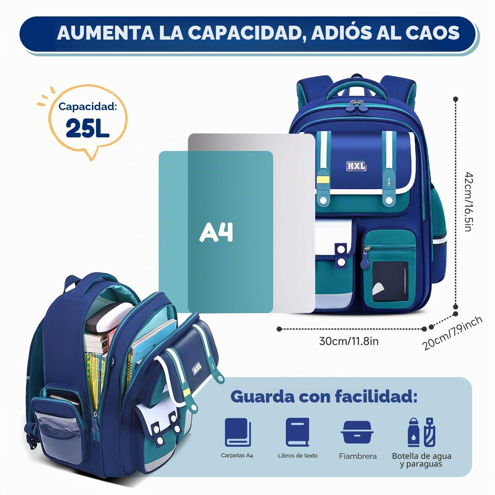 Amythe Mochila Escolar Niño Primaria, 25L Ligera Verde