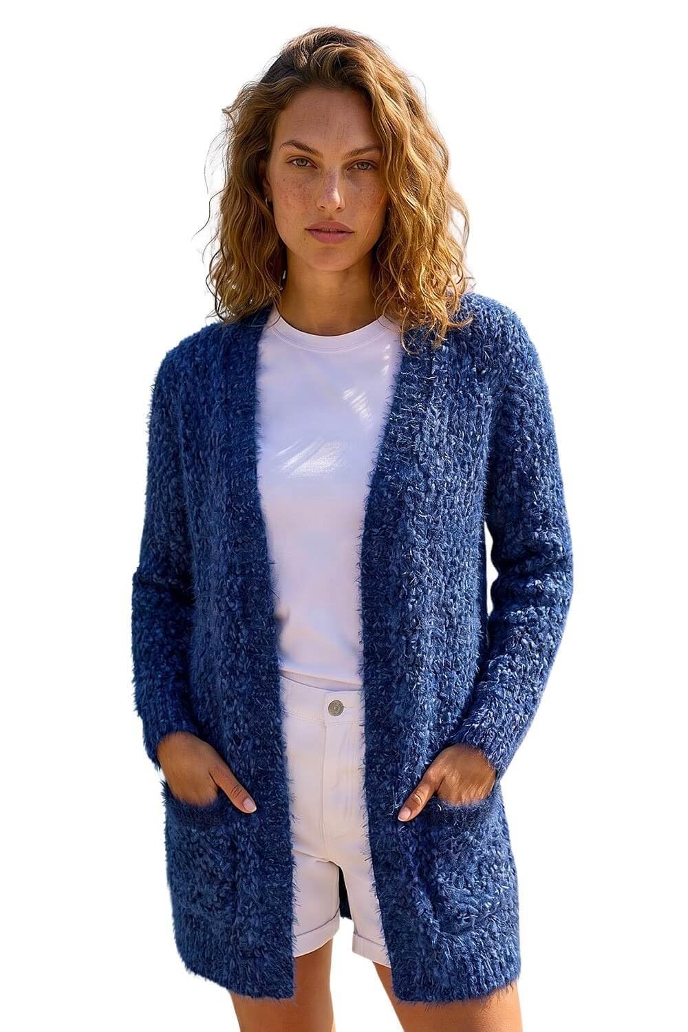Roman Originals Women's Cobalt Roman Fluffy Cardigan Winter Cardi Longline Edge To Edge Ombre Coatigan Casual Sparkly Glittery Jacket Knitwear Knitted Autumn Fleecy Cosy Soft Coats - Size 18
