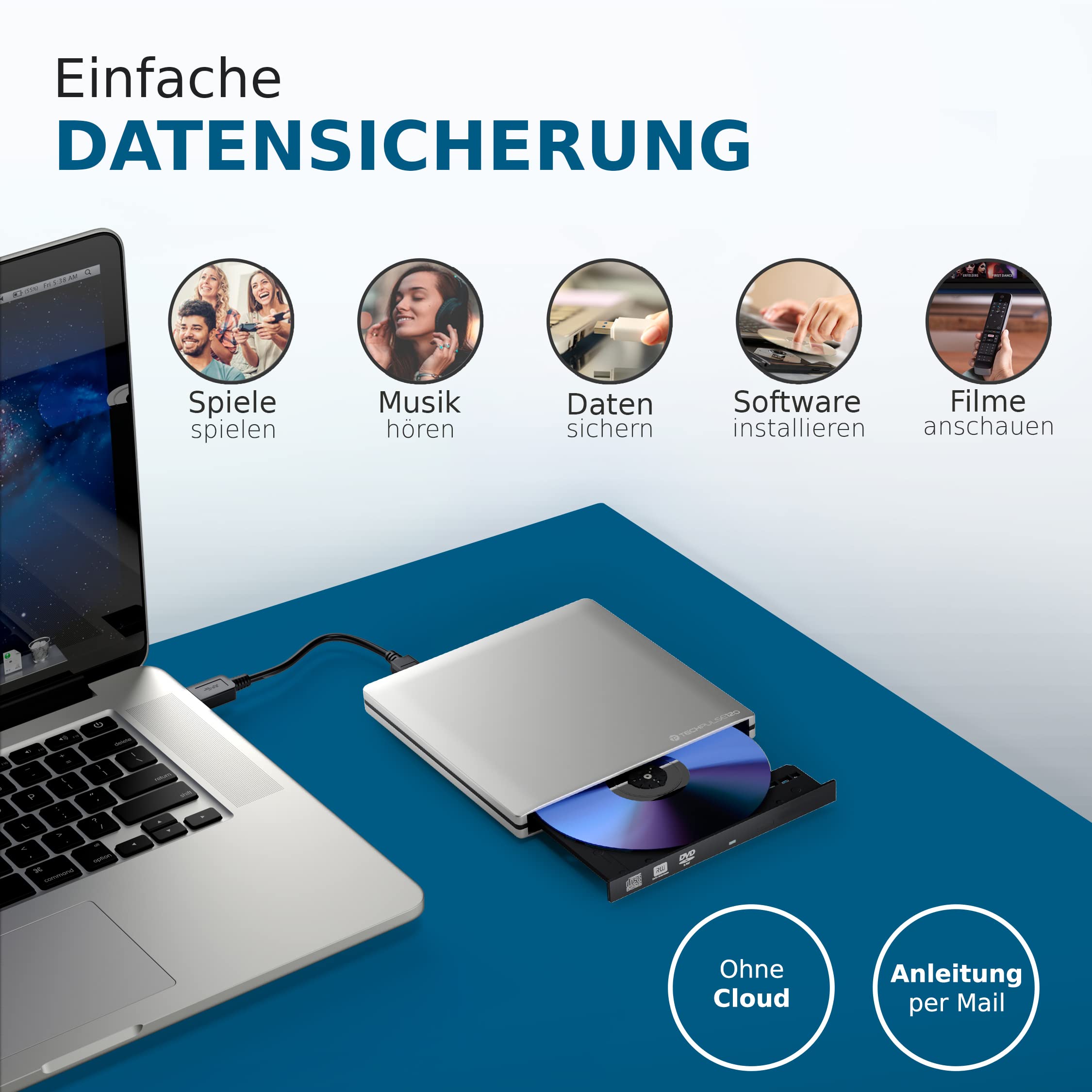 techPulse120 externer USB 3.0 DVD CD Brenner Laufwerk externes CDRW DVDRW Player Superdrive Portable Slim Drive für Desktop Computer Notebook Ultrabook Netbook Laptop Silber