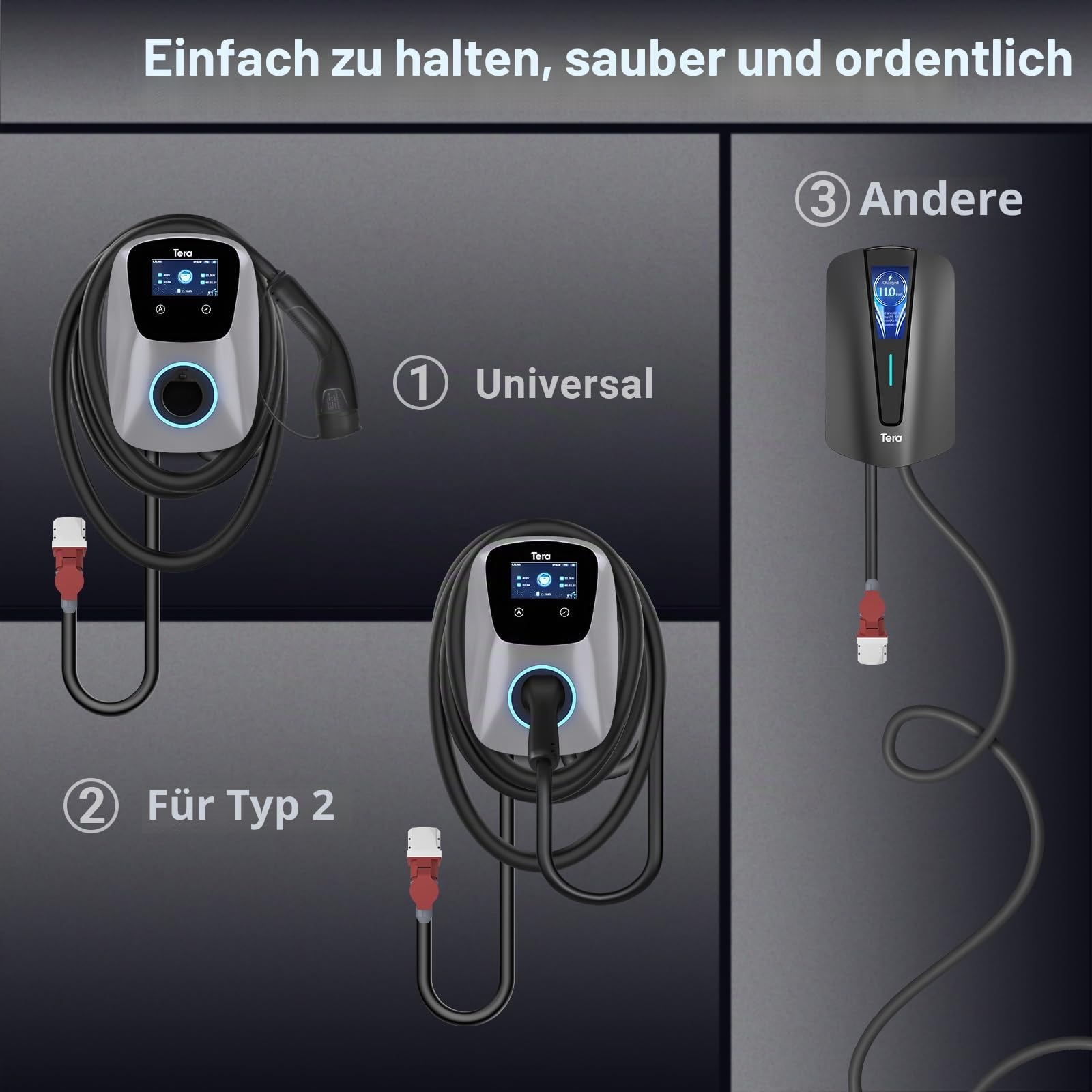 Tera EV Ladegerät Smart APP mit 16-32A Typ 2 22kW oder 11kW oder 22kW Heim Ladestation 400V CE & TÜV Wallbox 7m Ladekabel mit Ladegerätehalter App-Steuerung CEE 3-Phasen Stecker W01, Silber