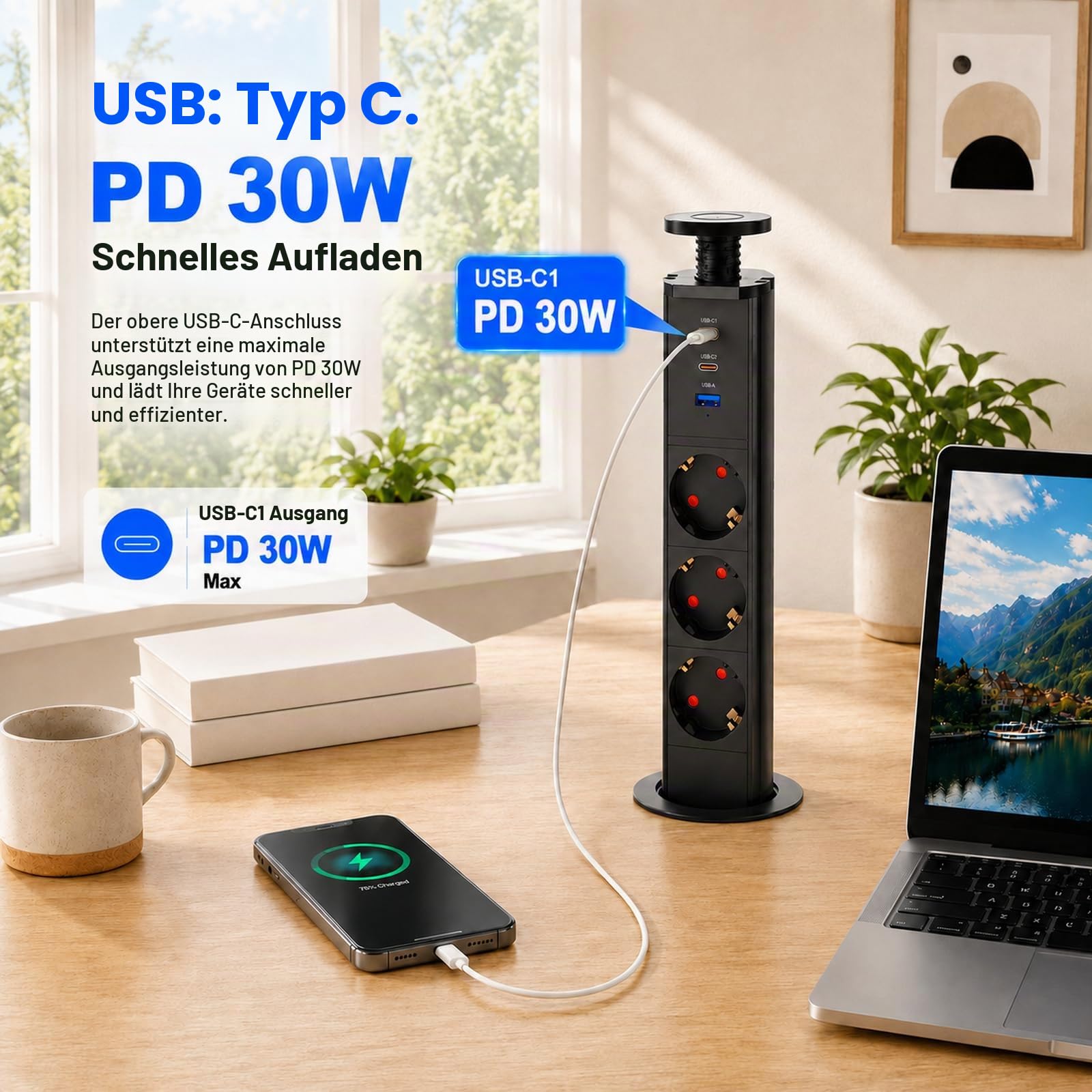 Versenkbare Steckdose 3-Fach USB-C PD 30W, Ø60 mm, Schwarz