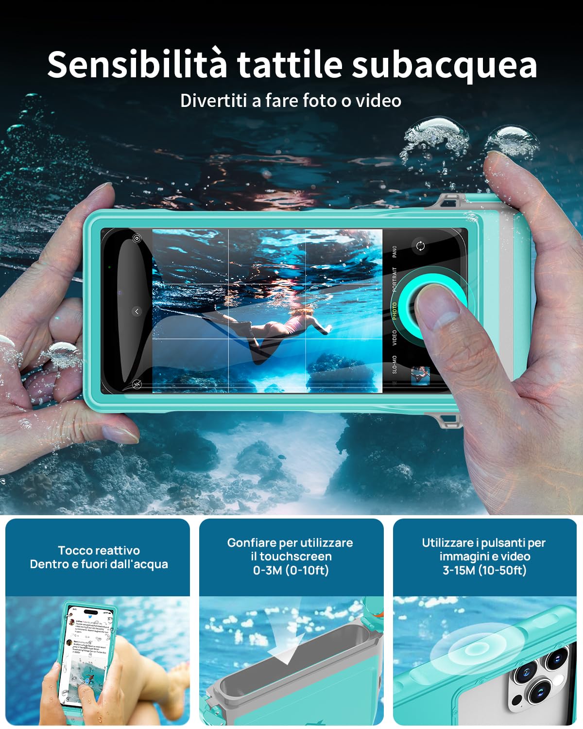 Lanhiem 15M Custodia impermeabile [Universale] IPX8 Custodia subacquea professionale per iPhone Samsung Galaxy Huawei Xiaomi Redmi Goole Pixel e smartphone 4.7-6.9'' Custodia subacquea,Blu