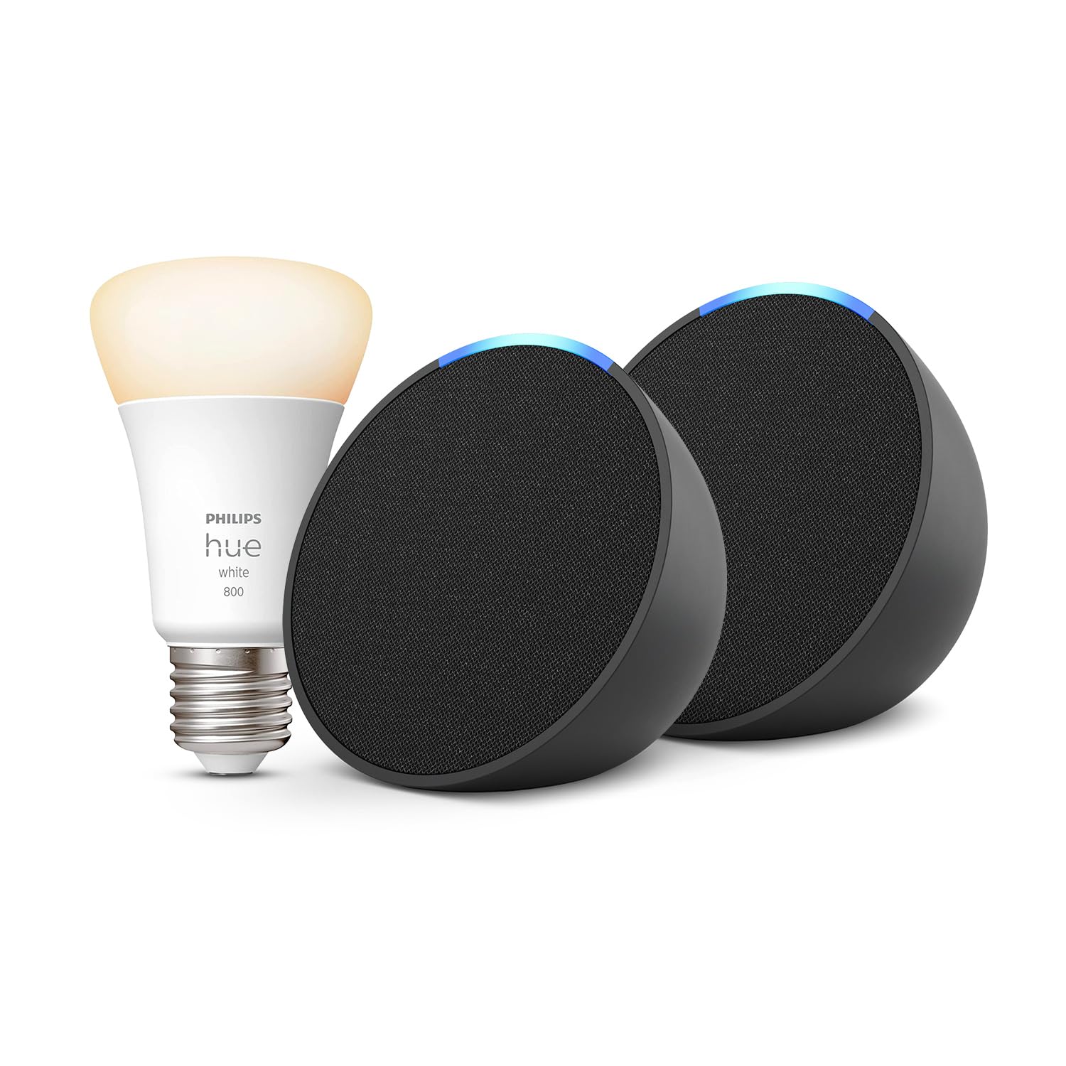 Echo Pop | Antracita, pack de 2 + Philips Hue White Bombilla Inteligente (E27), compatible con Alexa - Kit de inicio de Hogar digital