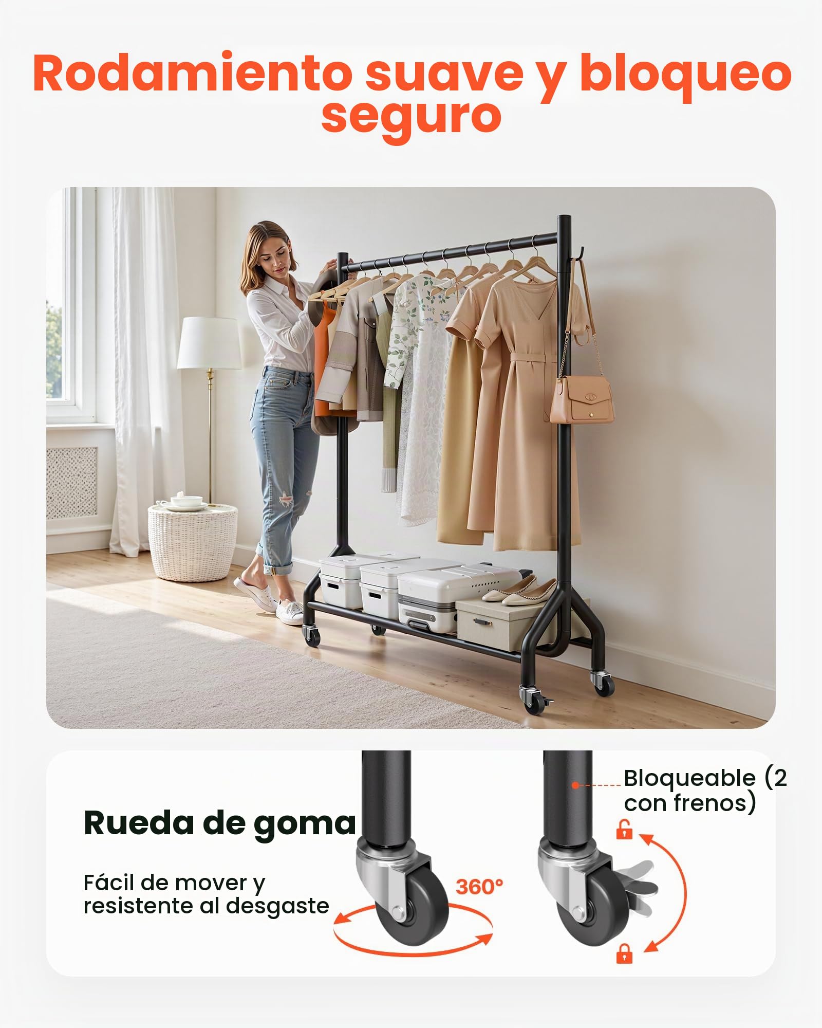 VEVOR Perchero Burro para Ropa 108 x 167,3 cm, con Barra para Colgar y Ganchos Laterales, Burro de Ropa con Ruedas, Carga de 90 kg, de Acero al Carbono, para Dormitorio, Lavandería, Sala de Estar