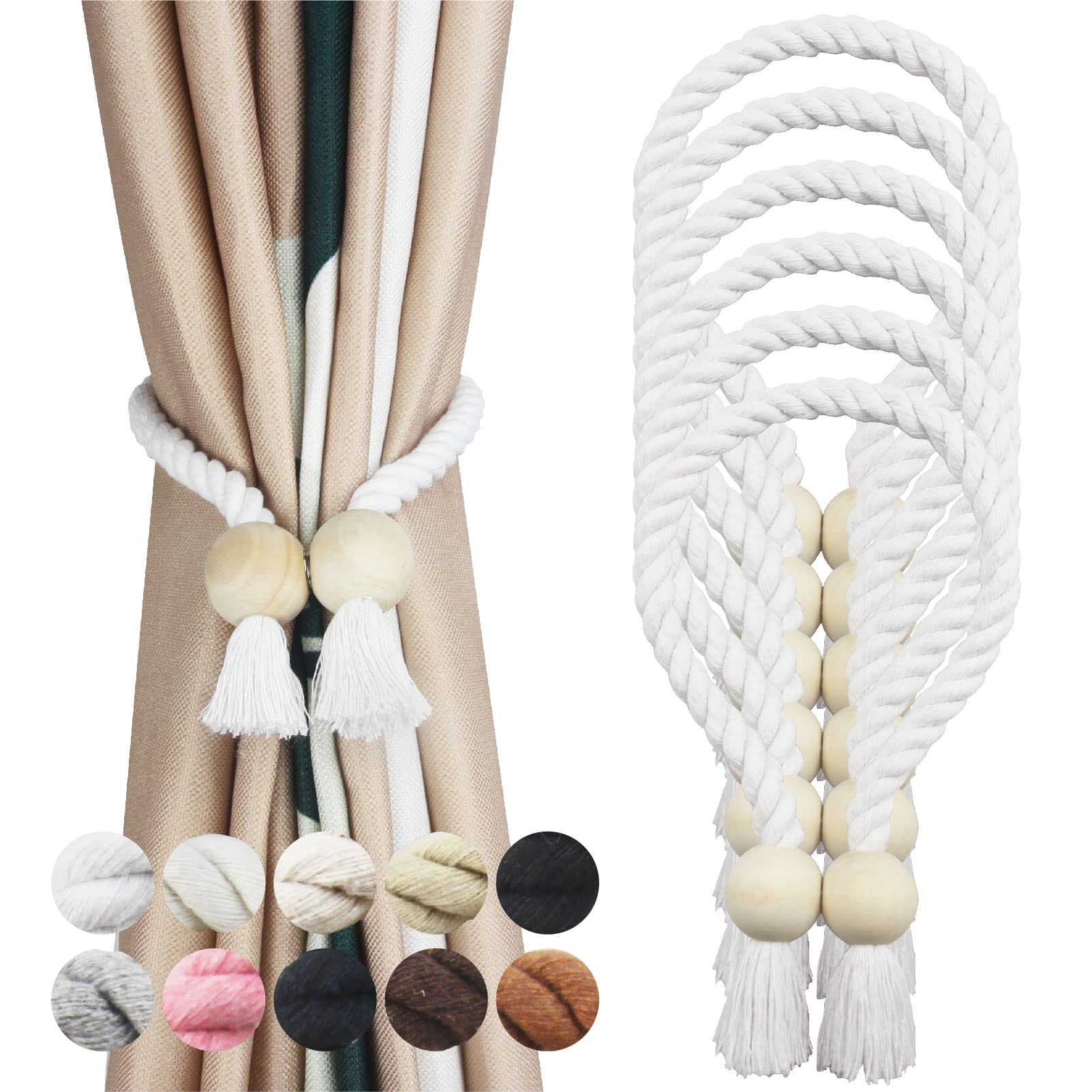 Porlau 6 Pack White Magnetic Curtain Tiebacks Cotton Hand Woven Tieback Holdback Decorative Tie Backs for Drapes with Wooden Buckle No Tools Required